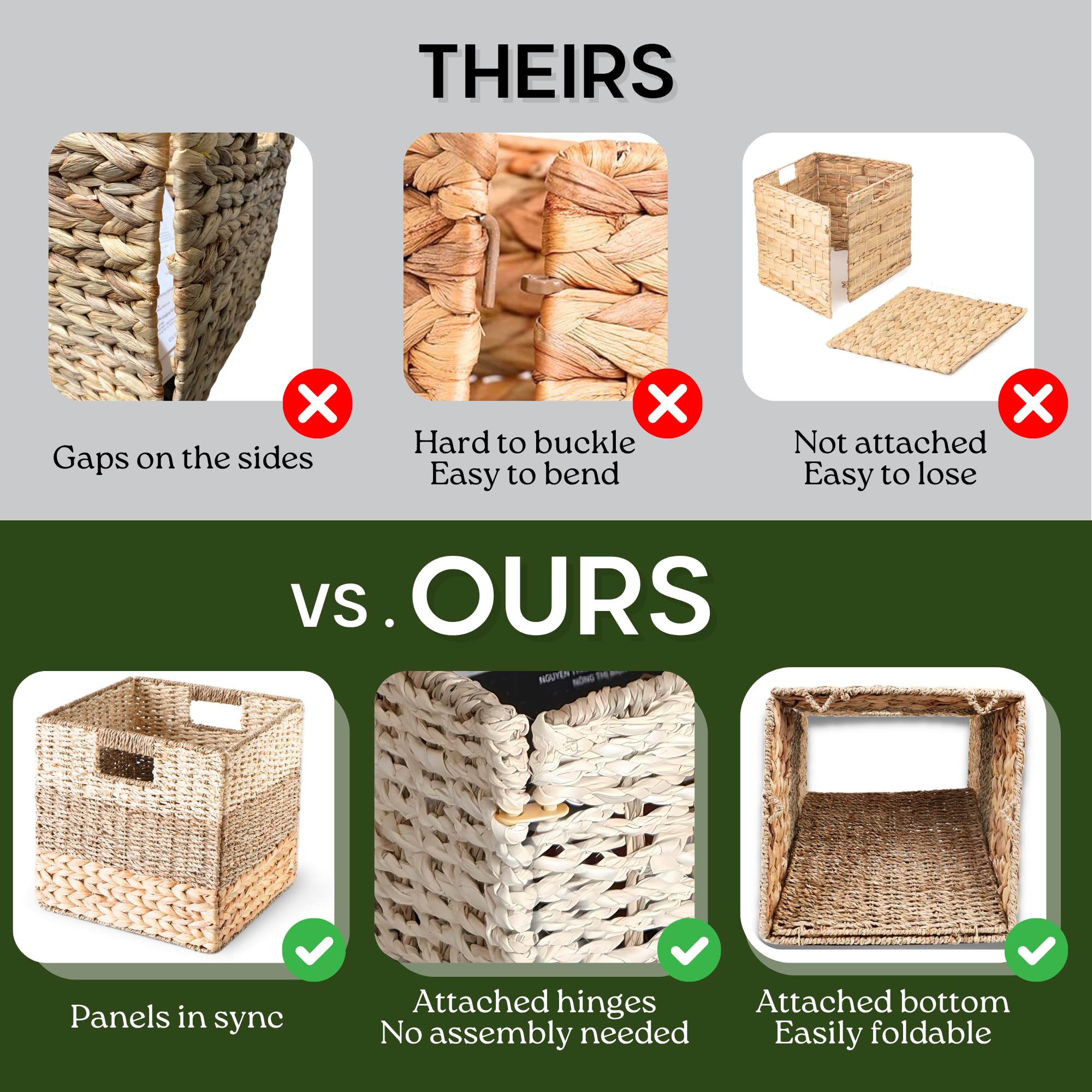 CHI AN HOME Weiden-Aufbewahrungswürfel, Set mit 4 strapazierfähigen Hyazinthenkörben für Regal, 30,5 x 30,5 cm, natürliche faltbare quadratische Körbe für IKEA Kallax, großer Rattankorb,