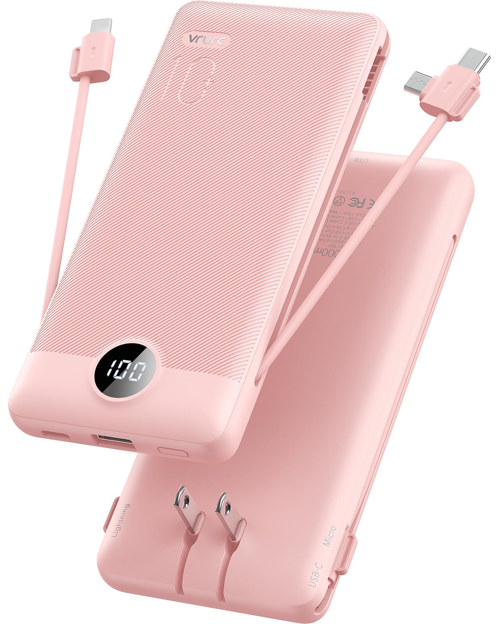 VRURC Portable Charger, Power Bank Built-in Cables and AC Wall Plug | USB C Power Bank 10000mAh Travel Essentials Phone Charger Compact External Battery Pack For Smart Phones, Tablets etc-Pink