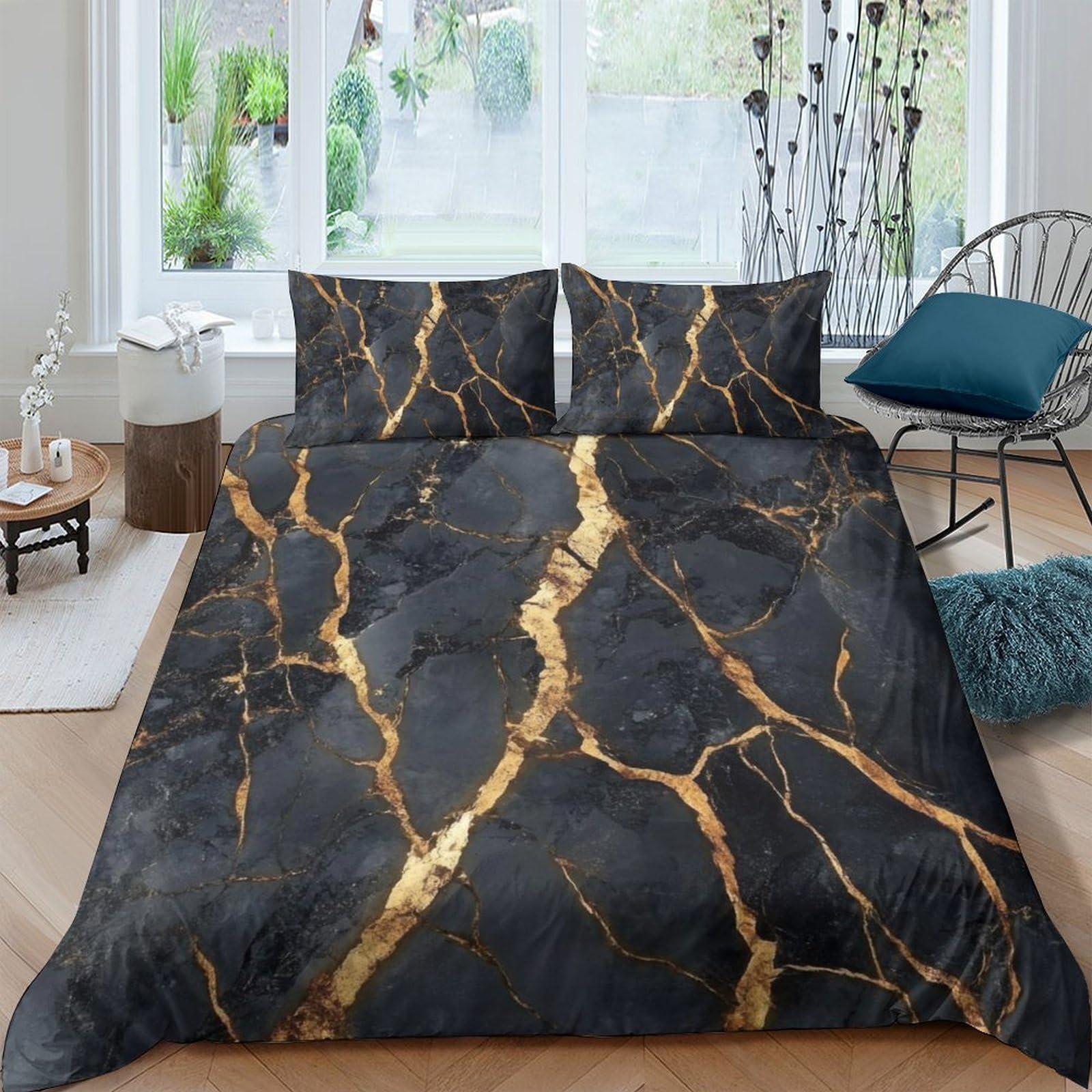 Ctjqhvkz Style-4 3D Printed Black Marble Fitted Sheet Microfiber Soft Gold Vein Bed Cover, Anti-Slip, Machine Washable For Bedroom Guest Room Decor Single（135X200cm）