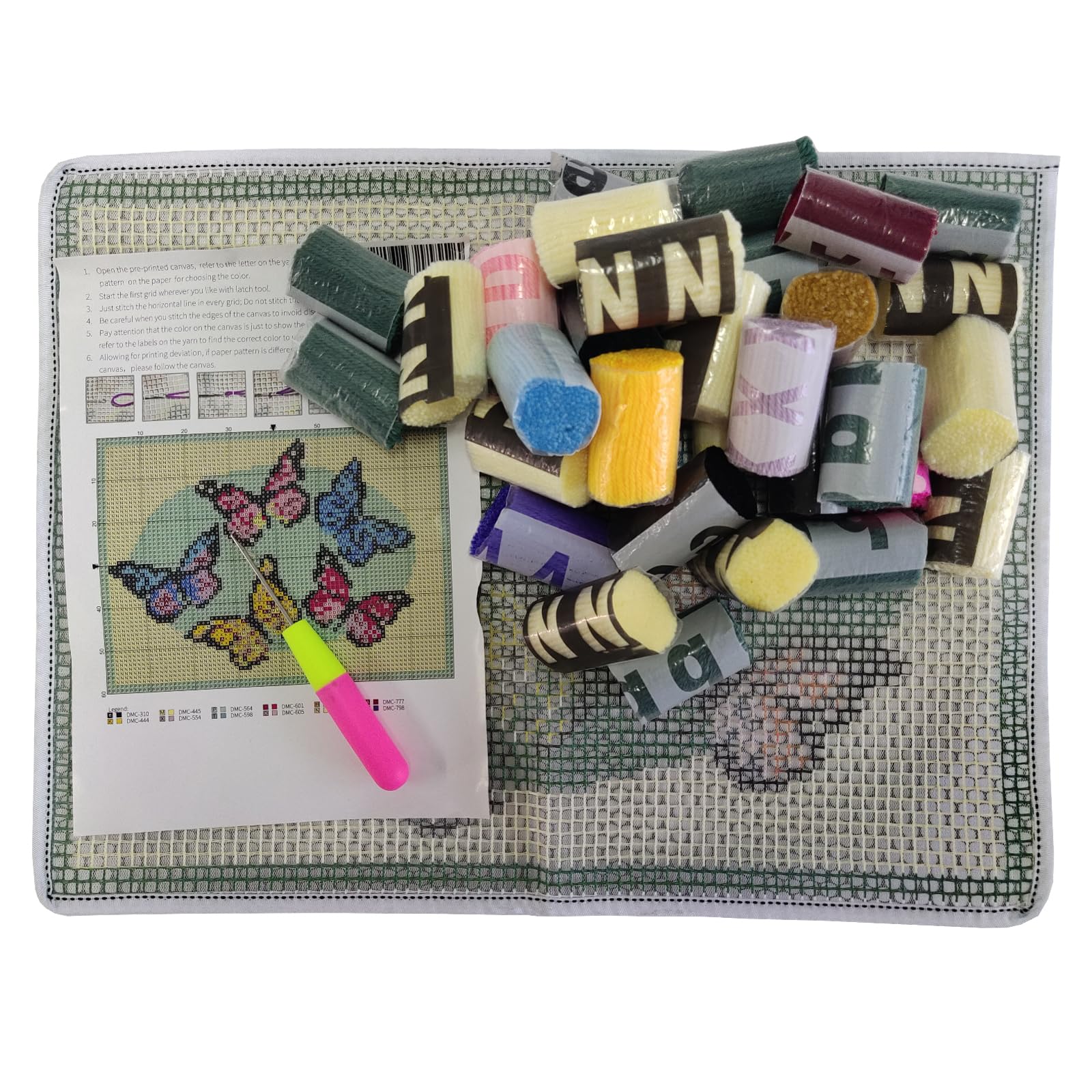 Yjunue Knüpfhaken-Set Mit Schmetterlings-Blumenmuster – Für Anfänger, Erwachsene & Kinder – Inkl. Farbigem Vorlageblatt & Garn