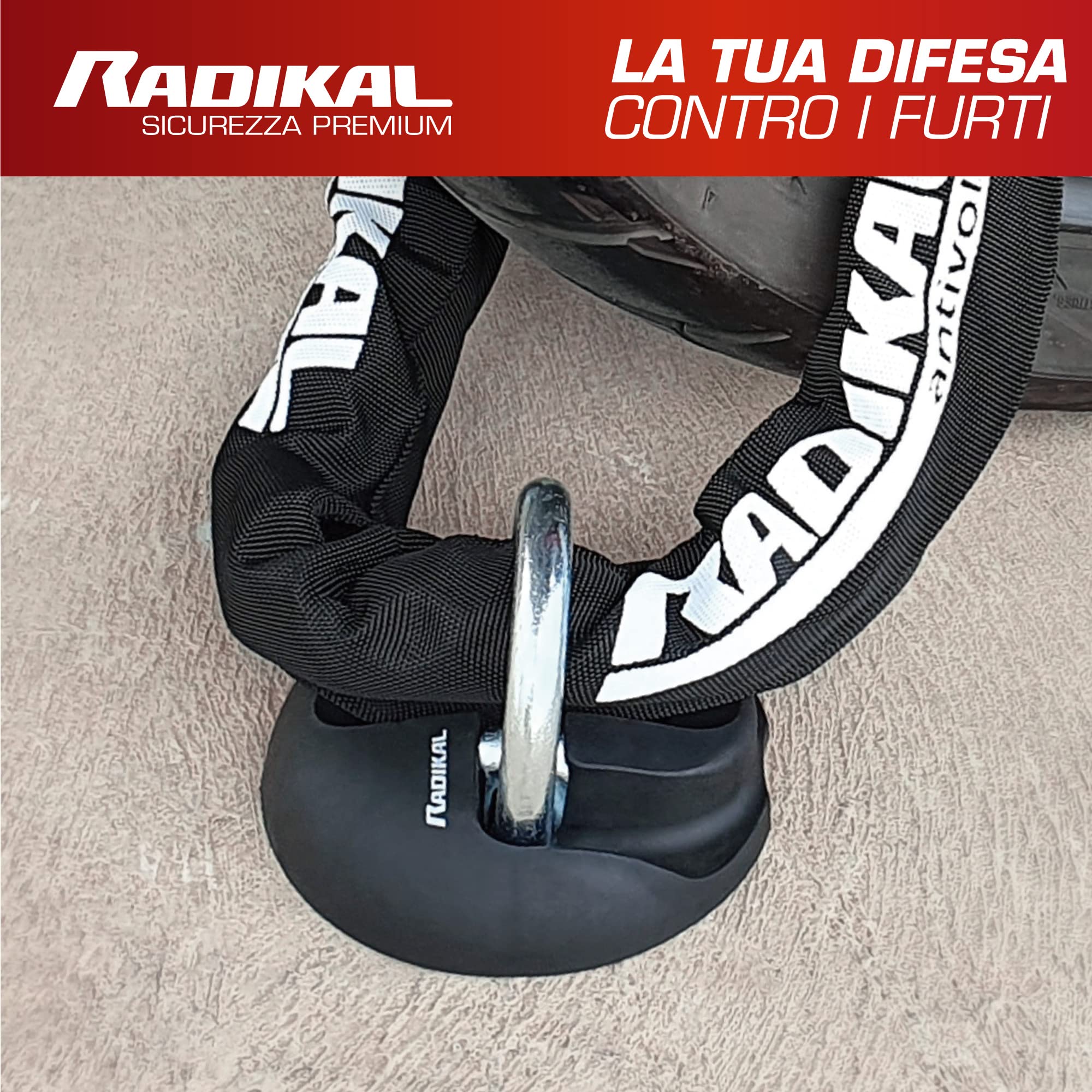 RADIKAL RK54 - Ancoraggio antifurto Garage Moto, roulotte, Garage, rimorchi, in Acciaio ad Alta Resistenza con Braccio oscillante