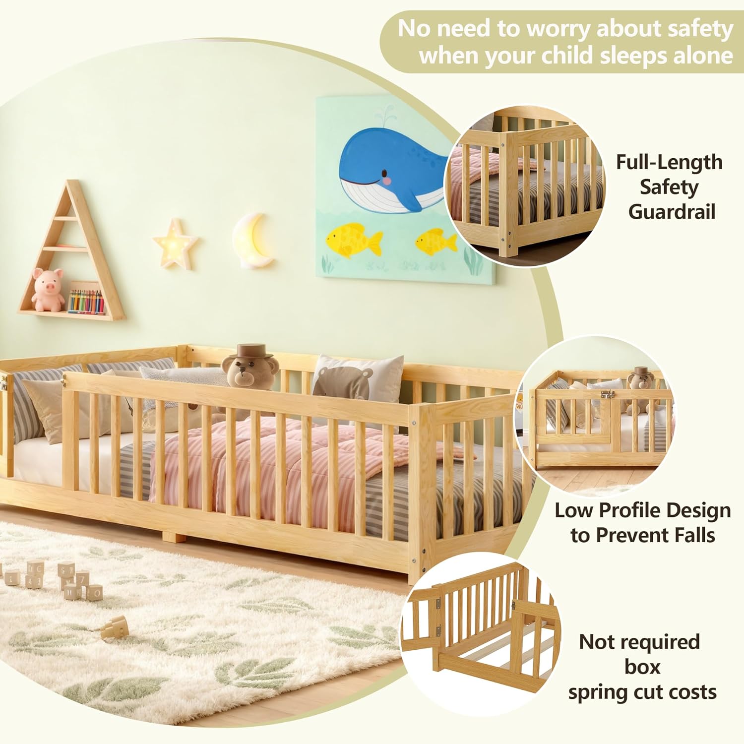 Twin Size Floor Bed with Door and Support Slats, Wood Kids Floor Bed with Full-length Guardrails, Montessori Floor Bed Frame for Kids, Boys, Girls, Childlike and No Box Spring Needed Design, Nature