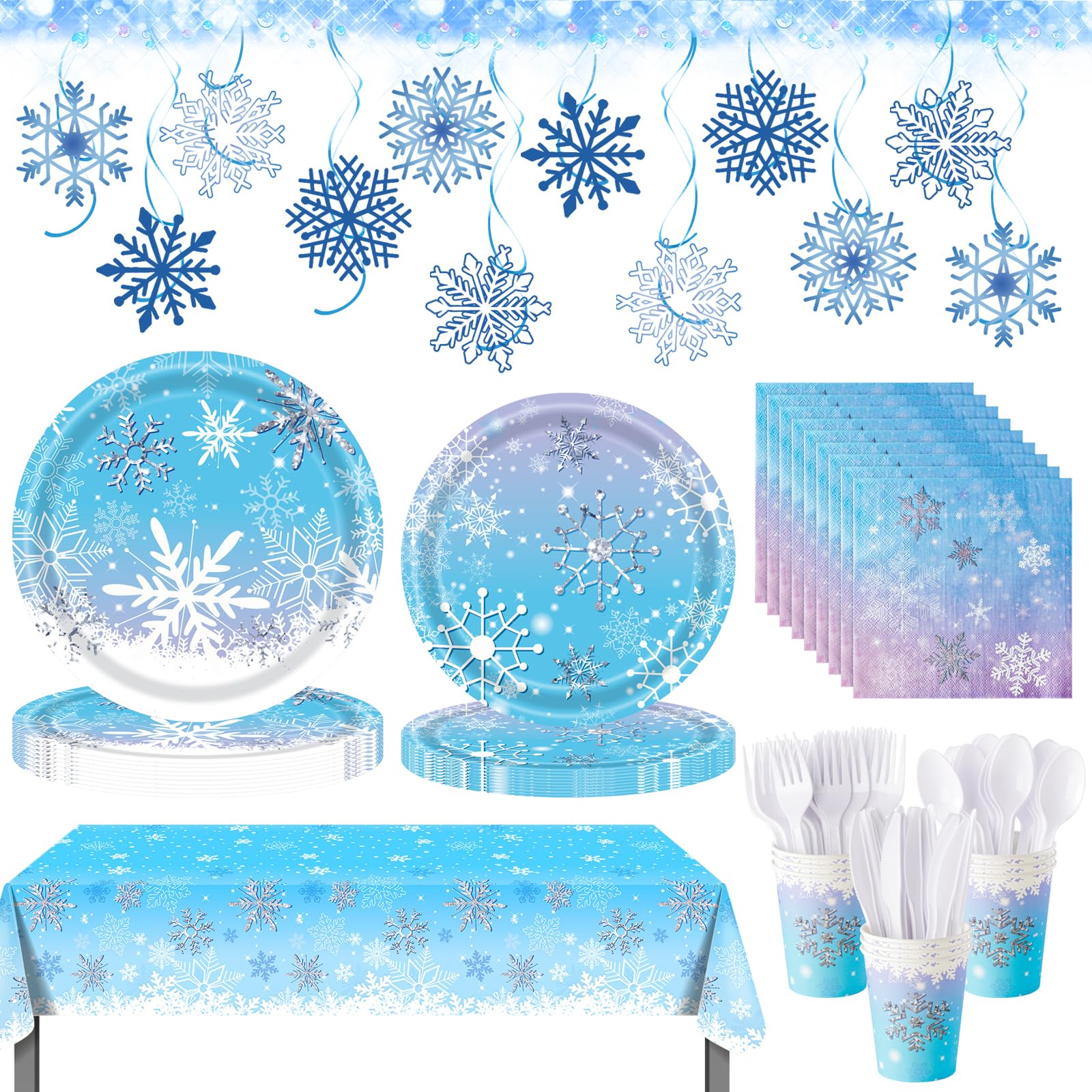 WINTS 175 Pcs Winter Wonderland Birthday Party Supplies, Disposable Snowflake Plates Tableware Set,Paper Plates,Napkins,Cups,Tablecloth Decor for