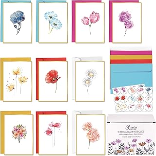 50 Blank Note Cards and Envelopes,10 Gold Foil Designs Floral Blank Cards With Color Envelopes And Stickers, 4x6 Blank Note Greeting Cards Sets In Sturdy Bulk Box.