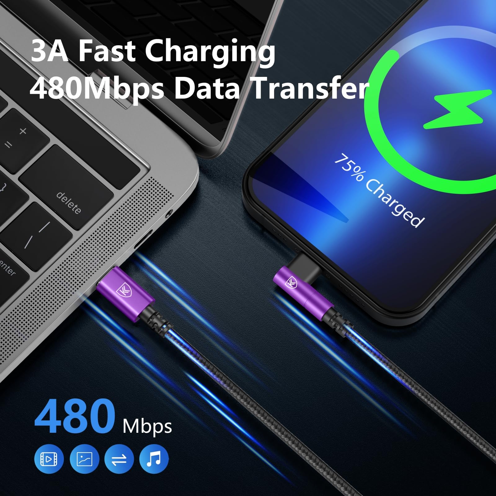 Cavi di ricarica da USB C a Lightning da 90 gradi per iPhone, 1,8 m, certificato Apple MFi, confezione da 3 pezzi, cavo Lightning USB C intrecciato in nylon compatibile con iPhone 14/13/12/11/Pro Max