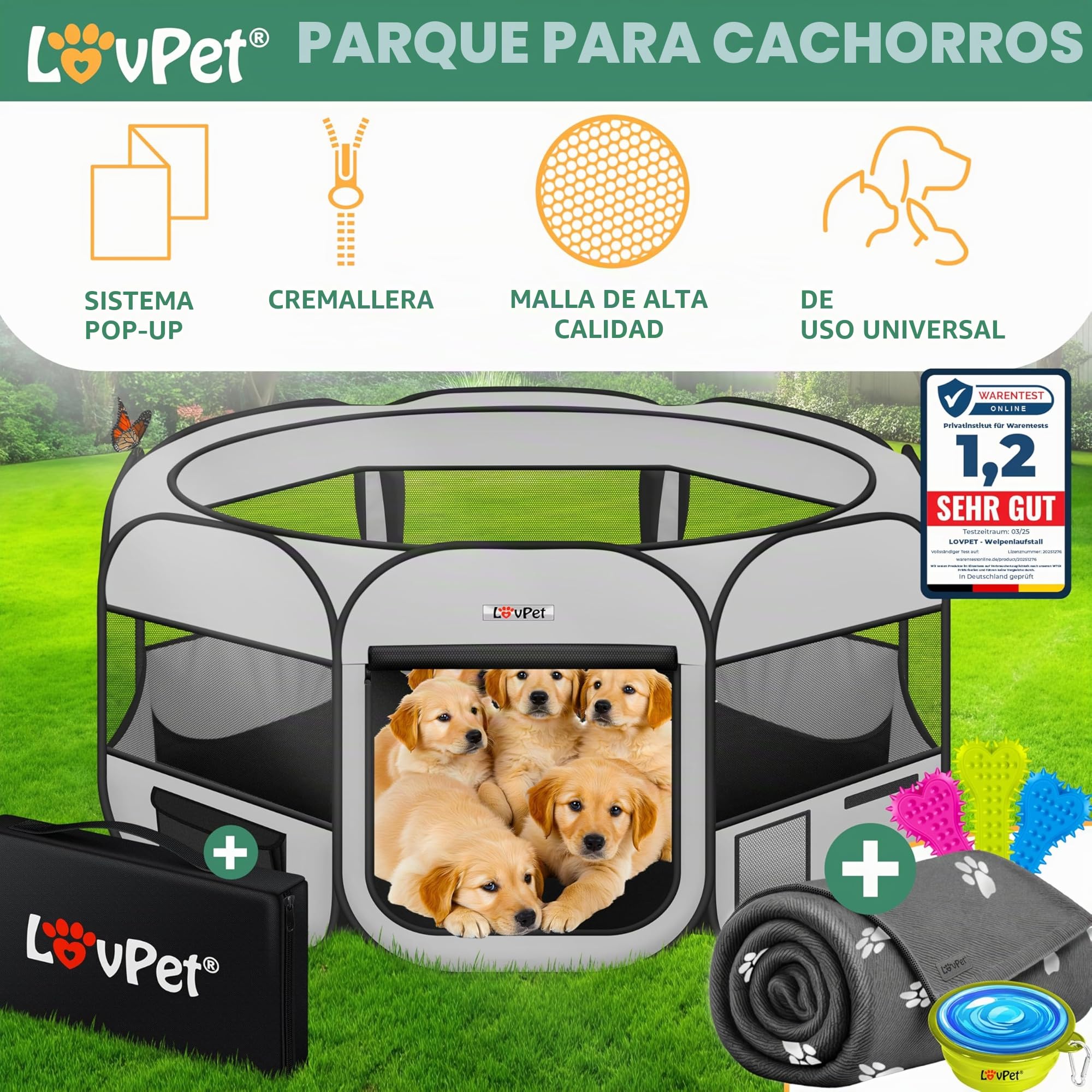 Lovpet® Parque Plegable para Cachorros y Gatos, Incluye comedero para Perros y Gatos, Tejido Oxford, Sistema desplegable para Interior y Exterior