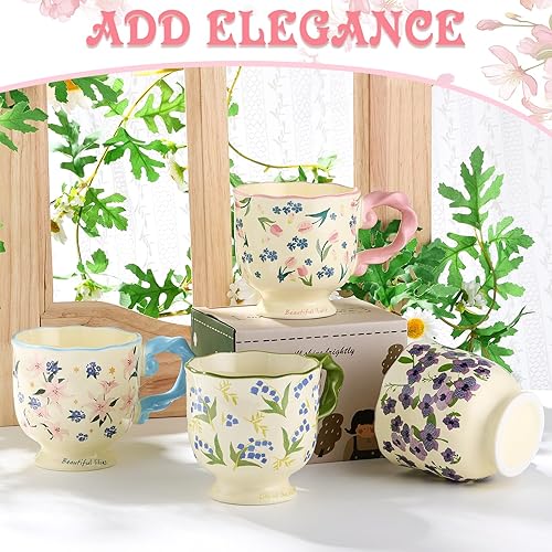 Miniatura 4 de Juego de 4 tazas de café, tazas de cerámica con flores vintage de 12 onzas, tazas estéticas de porcelana para té caliente, café, sopa, latte,