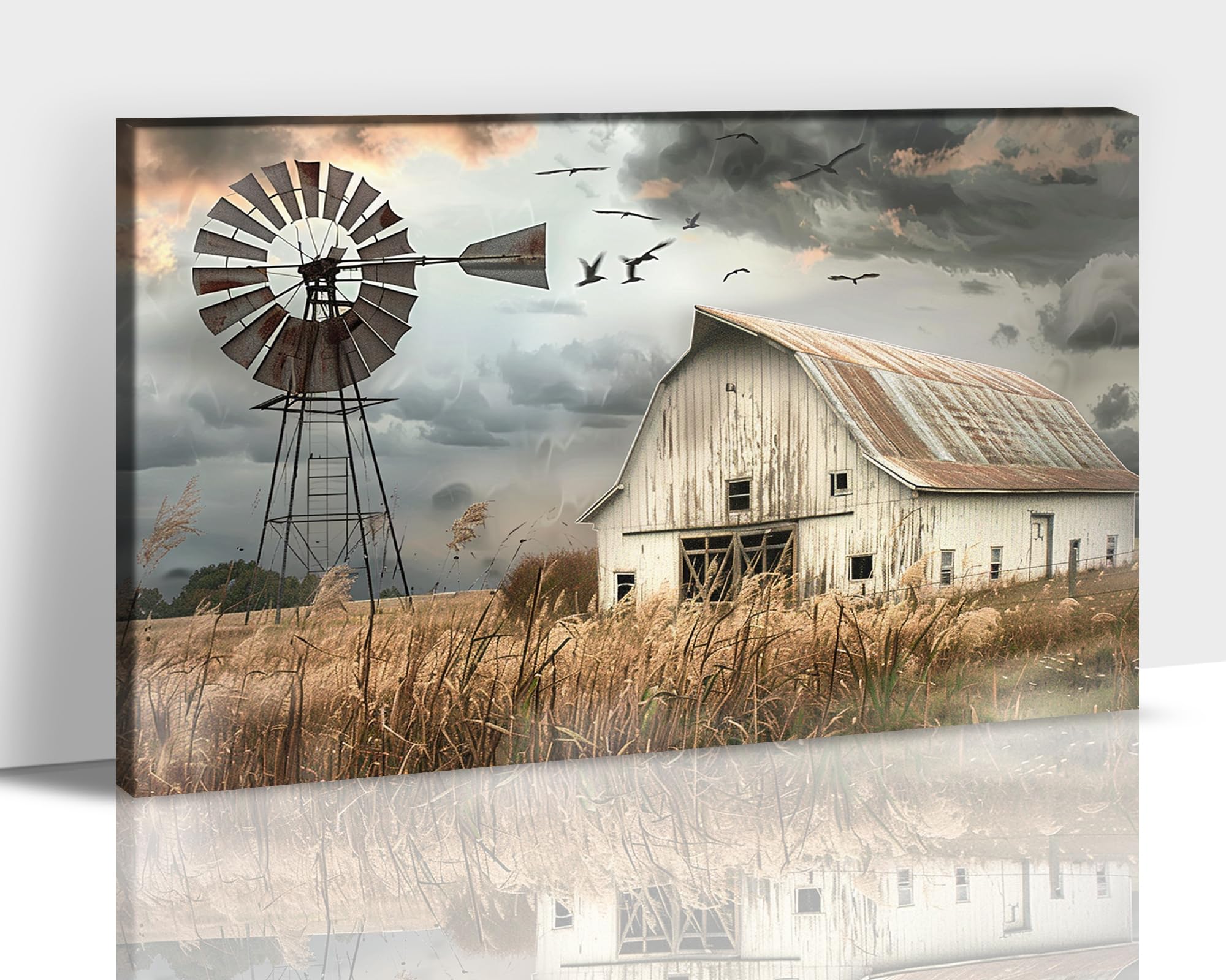 Farmhouse Wall Art, Modern Rustic Barn Canvas Art Prints for Country Home Decor, Vintage Barn & Windmill Painting Pictures, Farmhouse White Barn