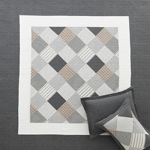 Miniatura 9 de Juego de colcha de tamaño King  Juego de colcha de 100% algodón gris para cama King, 3 piezas de edredón reversible rústico ligero de granja, gris