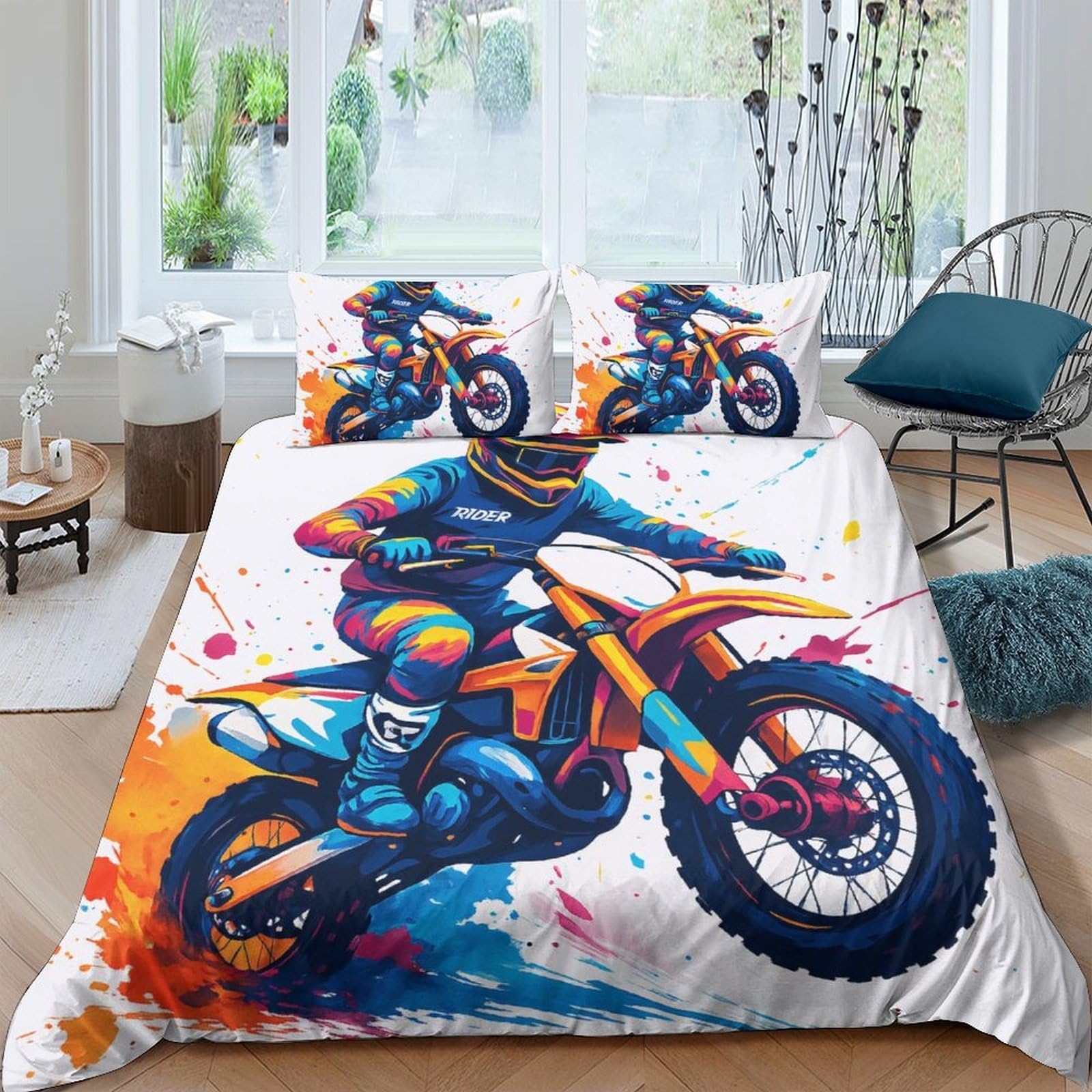 Ctjqhvkz Style-2 3D Printed Motocross Bike Fitted Sheet Microfiber Soft Breathable Graffiti Art Mattress Cover For Bedroom Decor Single（135X200cm）