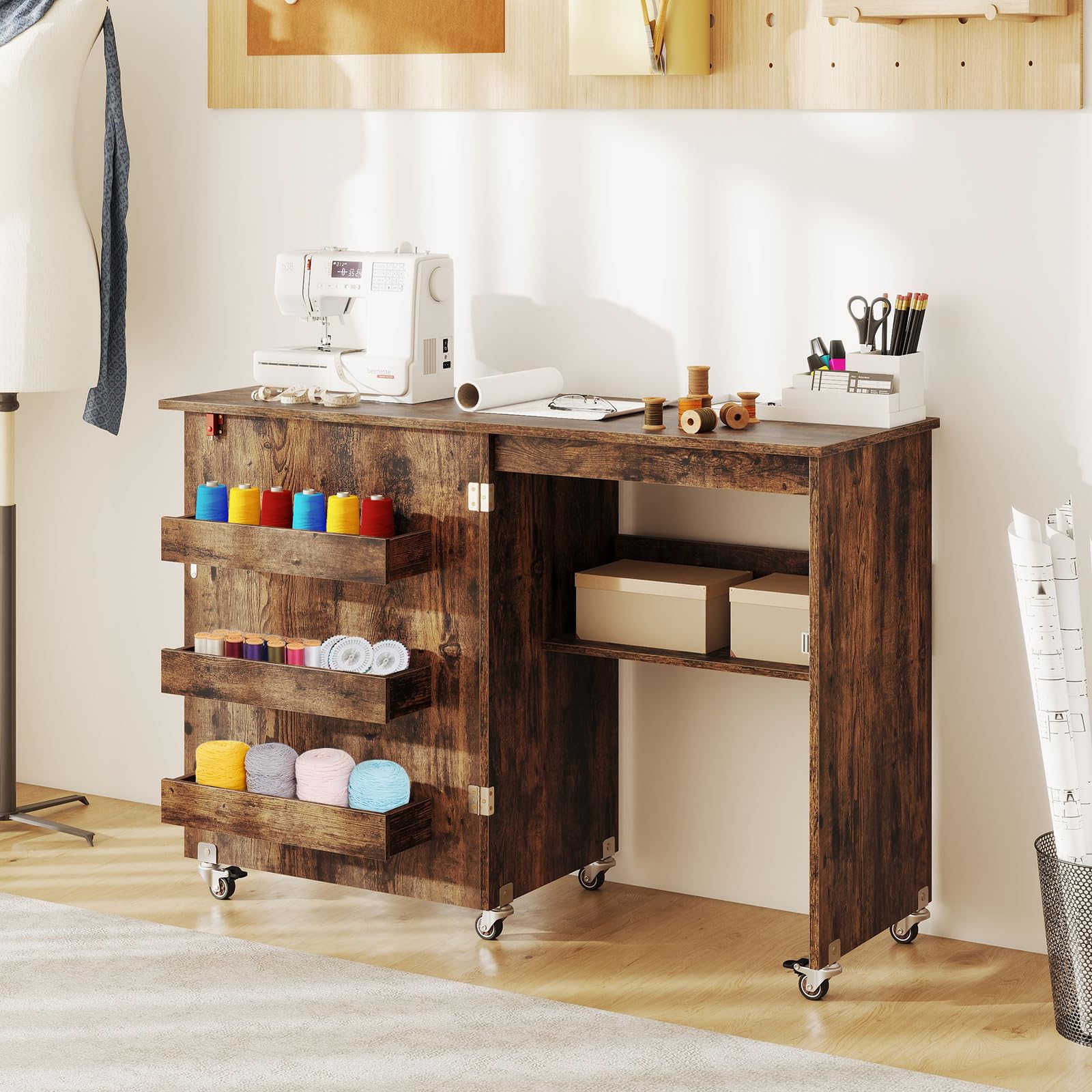 LIFEZEAL Nähmaschinenschrank klappbar, Nähschrank 2 in 1, Schreibtisch Holz mit Haken, Ablage & Rollen, Mobiler Nähtisch Nähmöbel für Zuhause & Büro (Braun, 117 x 40 x 77cm)