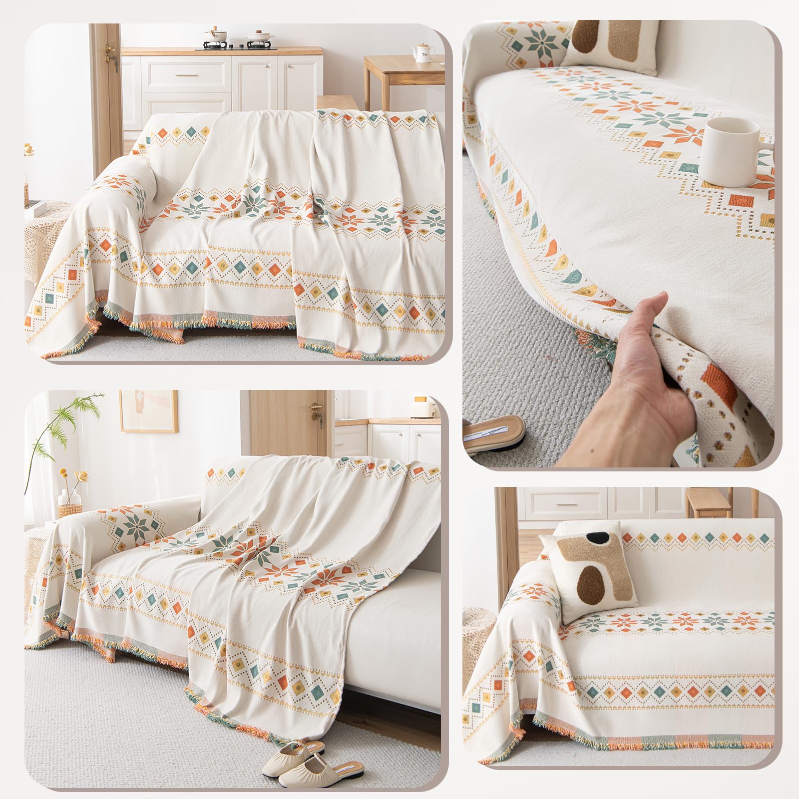VanderHOME Boho plaid chenille deken zachte plaids voor banken wasbare deken voor bed settees fauteuils, woonkamer 180 x 180 cm-beige