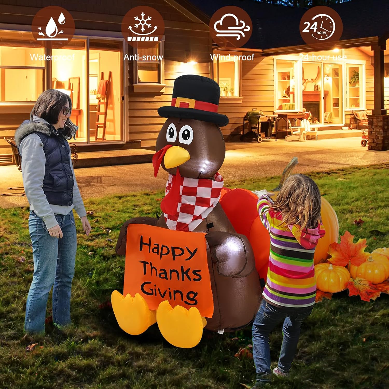 4 FT Pull Banner Turkey Thanksgiving Inflatable Decoration with LED Lights for Holiday Celebration Decorations on Yard, Lawn and Patio