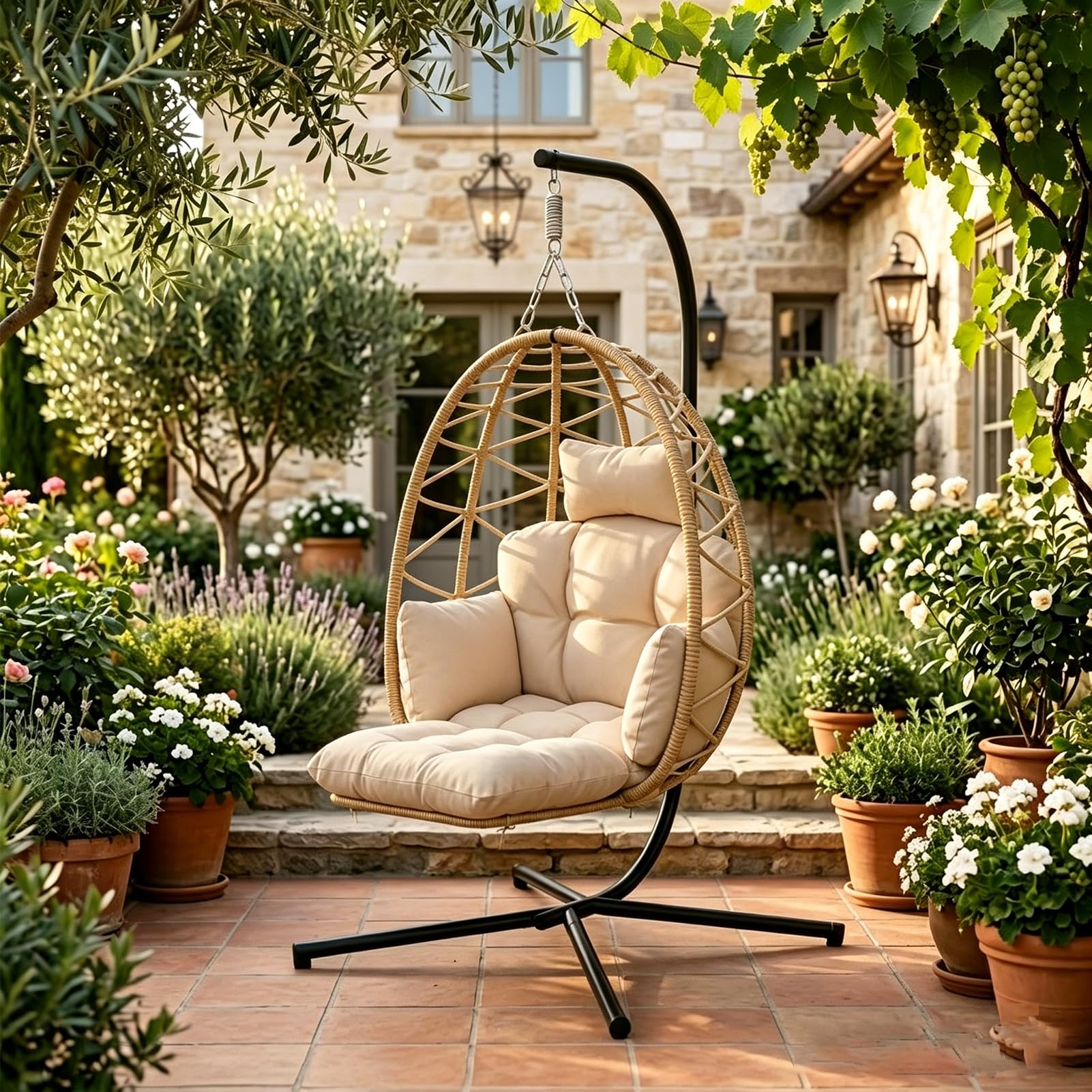 Silla Colgante Exterior, Sillón Colgante, Sillón Huevo con Reposapiés Desmontable, Funda Lavable y Cesta Colgante, Capacidad 150Kg, Interior, y Exterior, Jardín o Terraza