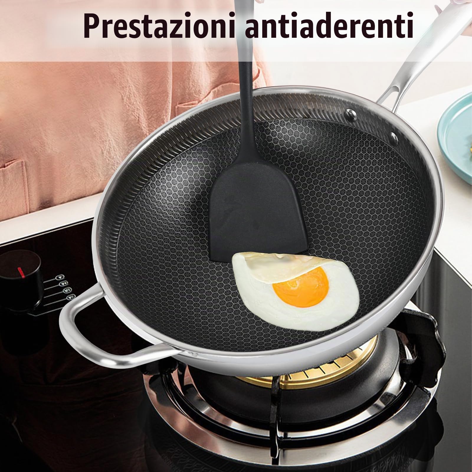 Wok - Padella antiaderente da 32 cm, in acciaio inox, con coperchio, spatola, manico per rimanere freddo, padelle per friggere a induzione, adatte per piani cottura a induzione, in ceramica, elettrici