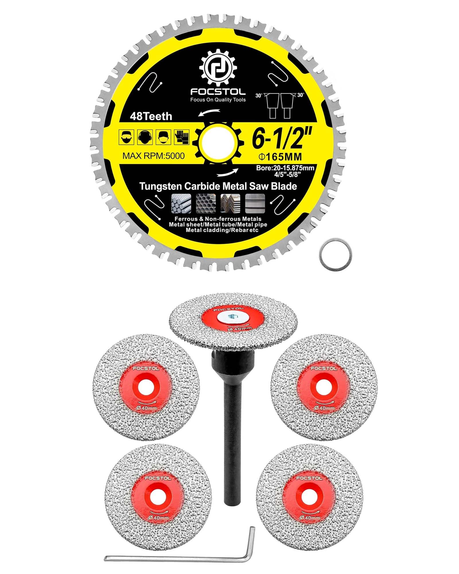 FOCSTOL Disco Diamante Corte 5 piezas 40mm Disco Cortar Azulejos y 1 pieza 6mm Mango Redondo y Hoja de Sierra Circular para Metal 165mm x 20mm x 15,875mm