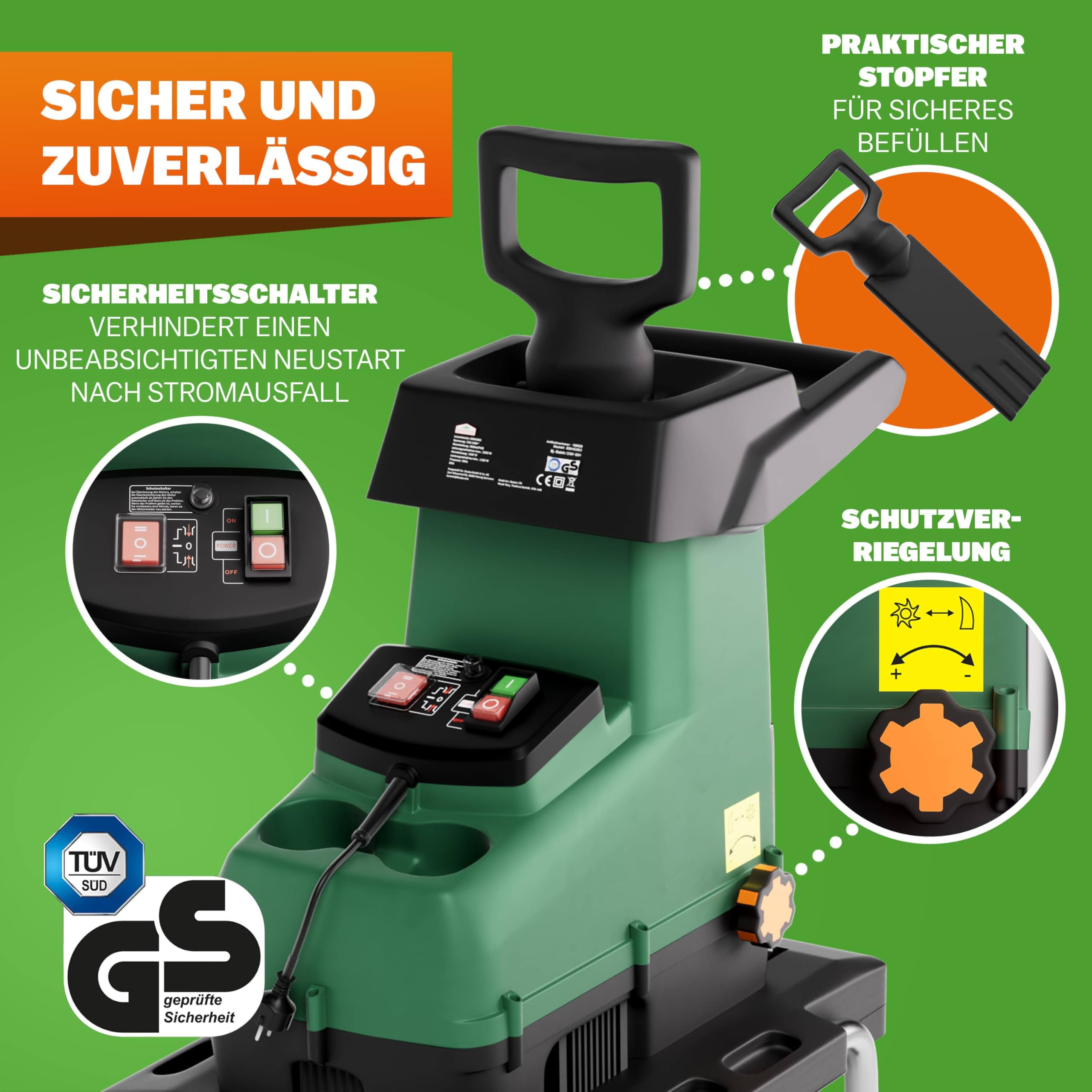 GARDEBRUK Leisehäcksler 3100 W 45 mm Aststärke Elektrisch 60 L Auffangbox Walzenhäcksler