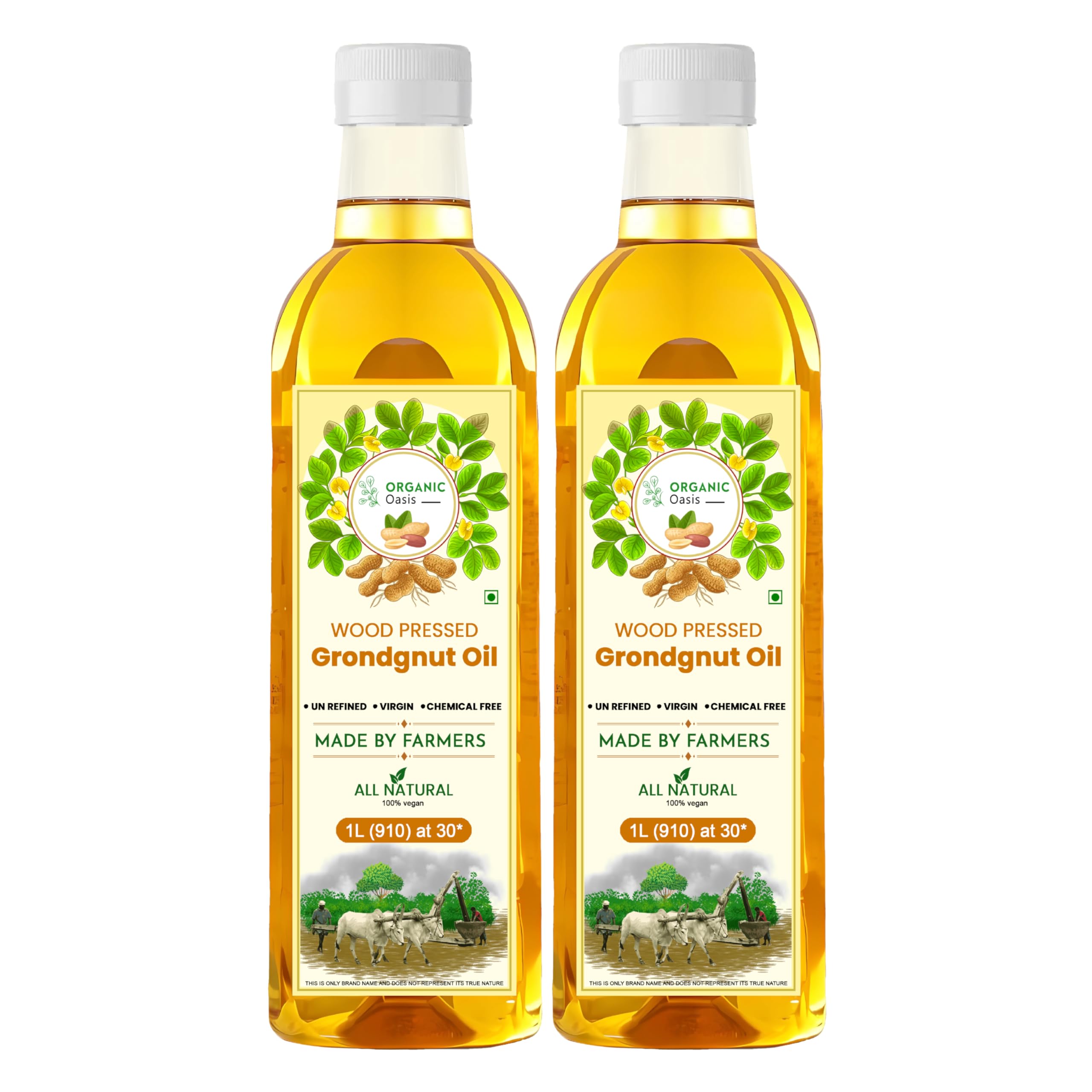 Organic OasisCold Pressed Peanut/Groundnut Oil (Virgin, Kachi Ghani) | 100% Natural, Pure, Non GMO & Wood Pressed (2L) for Cooking - (1 Litre*Pack of 2)