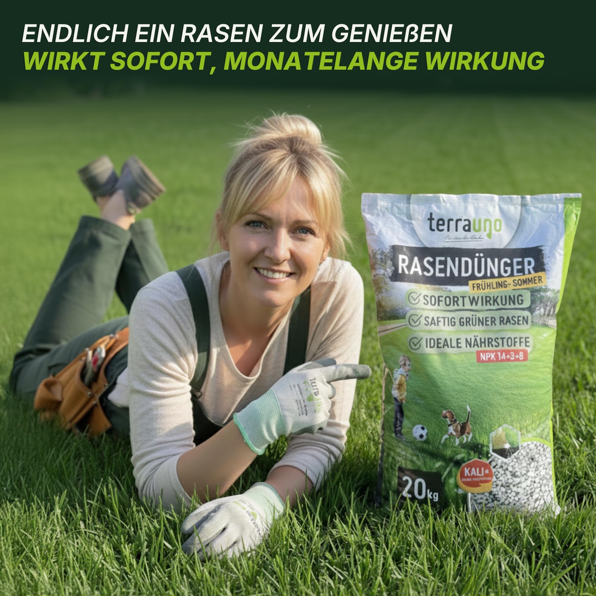TerraUno Rasendünger Frühjahr/Sommer I Sofortwirkung für saftiges grün I 20 kg für 1000 m² I gesunder Rasen verdrängt Moos und Unkraut I NPK Dünger Rasen I Gegen Trockenstress I Für den Streuwagen