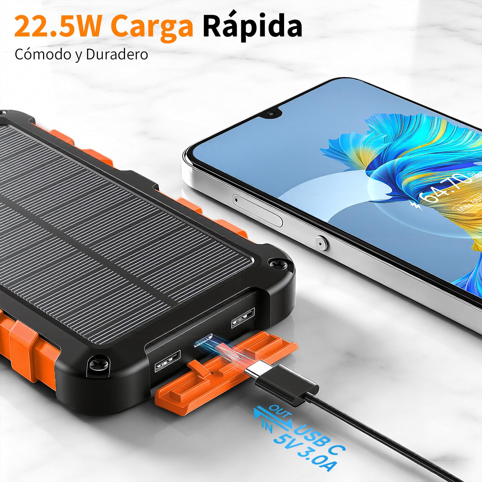 Cargador Solar 10000 mAh Power Bank Solar, Bateria Externa con Carga Rápida 22,5W Impermeable IPX4 2 Puertos USB + Linterna LED Compatible con Smartphones Tablets Camping y Emergencias Naranja