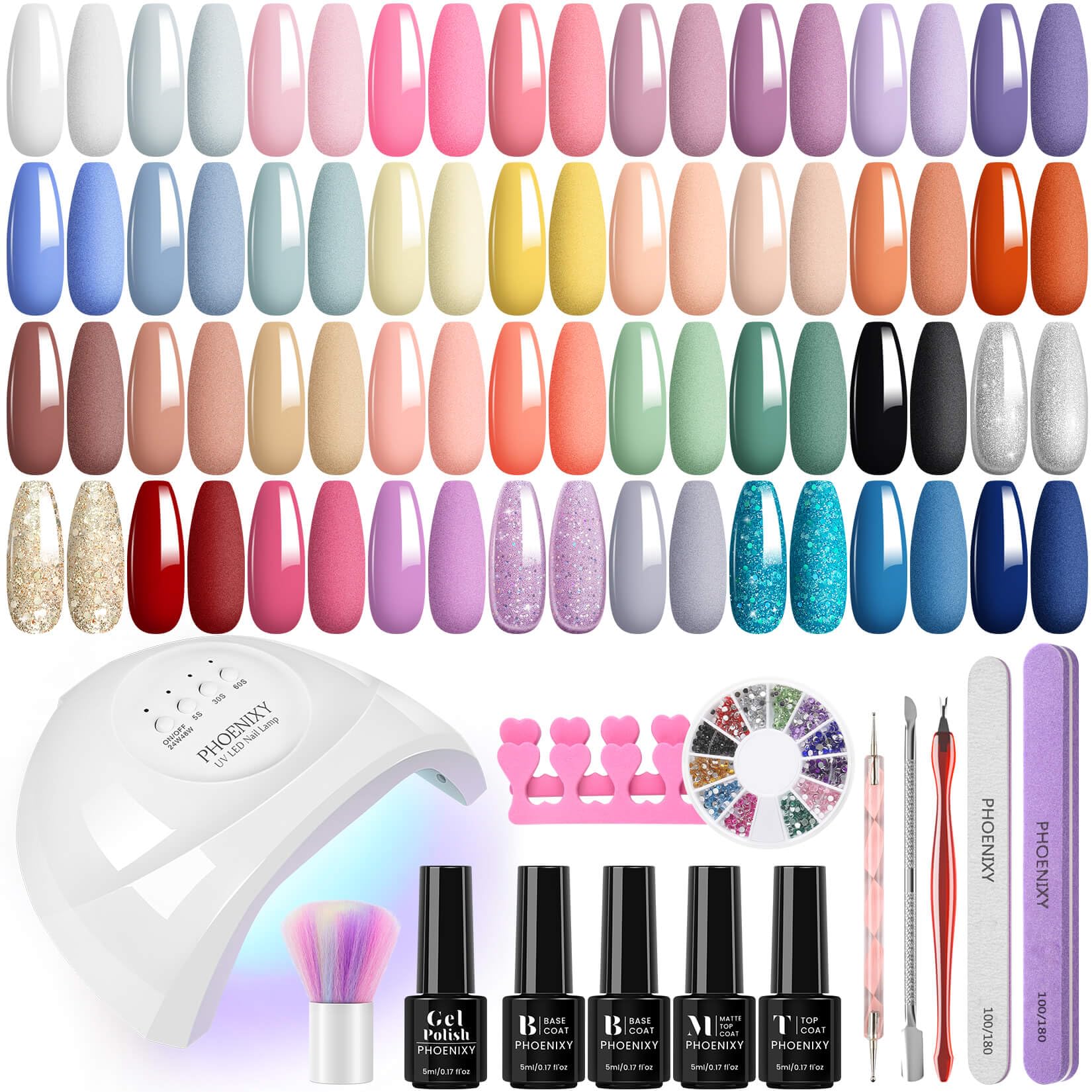 Phoenixy Kit Uñas Semipermanentes con 48 W Lámpara U V/LED 36 Colores Pintauñas Semipermanentes Uñas Semipermanentes Kit Completo con 2 Base 2 Top Coat Brillante y Mate