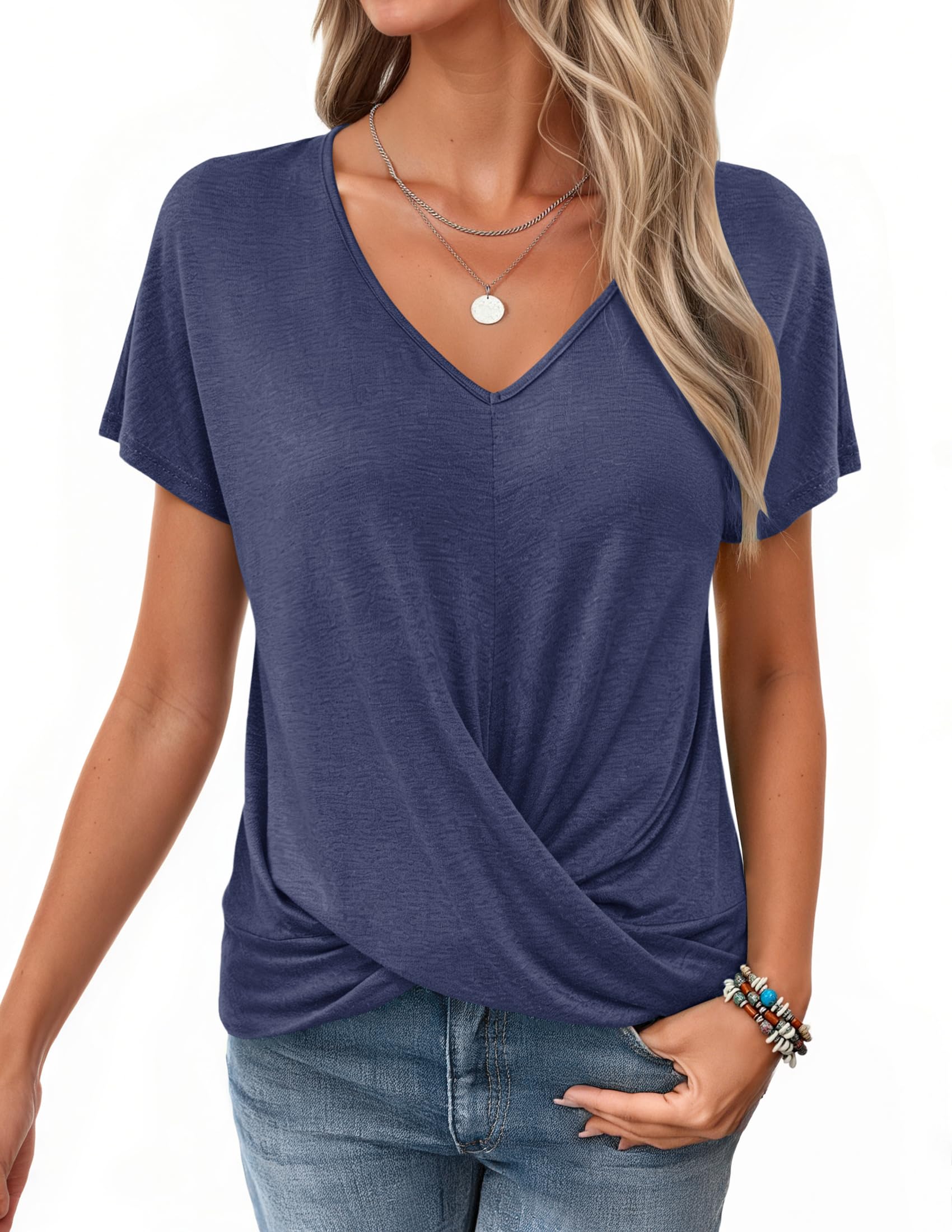 WNEEDU Tshirt Damen Sommer-V Ausschnitt Kurzarm T-Shirt Damen Elegant Twist Front Oberteile Bluse Basic Top lässige