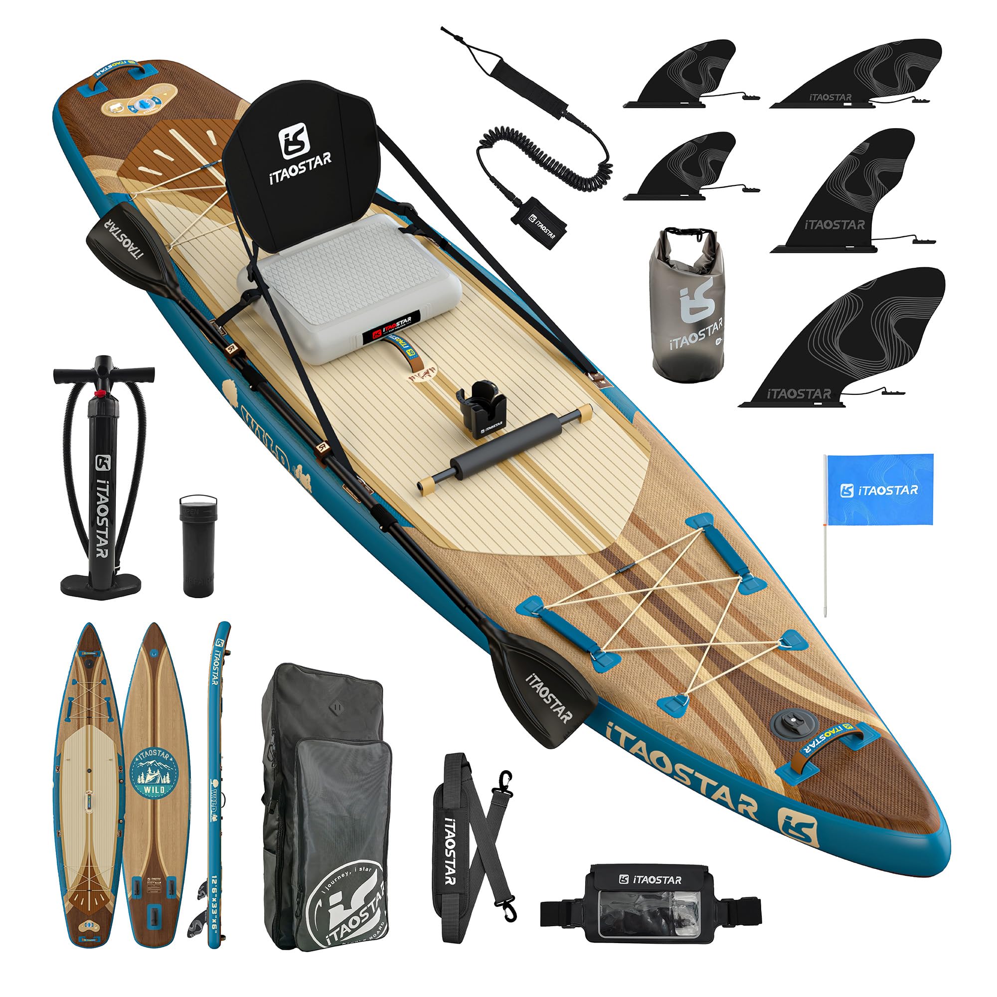 wild 11'×36"/11'6"×34"/12'6"×33" inflatable paddle board with seat, one-stop premium sup board gears, tailored 5 fins, stable inflatable stand up paddle boards for youth/adults of all levels