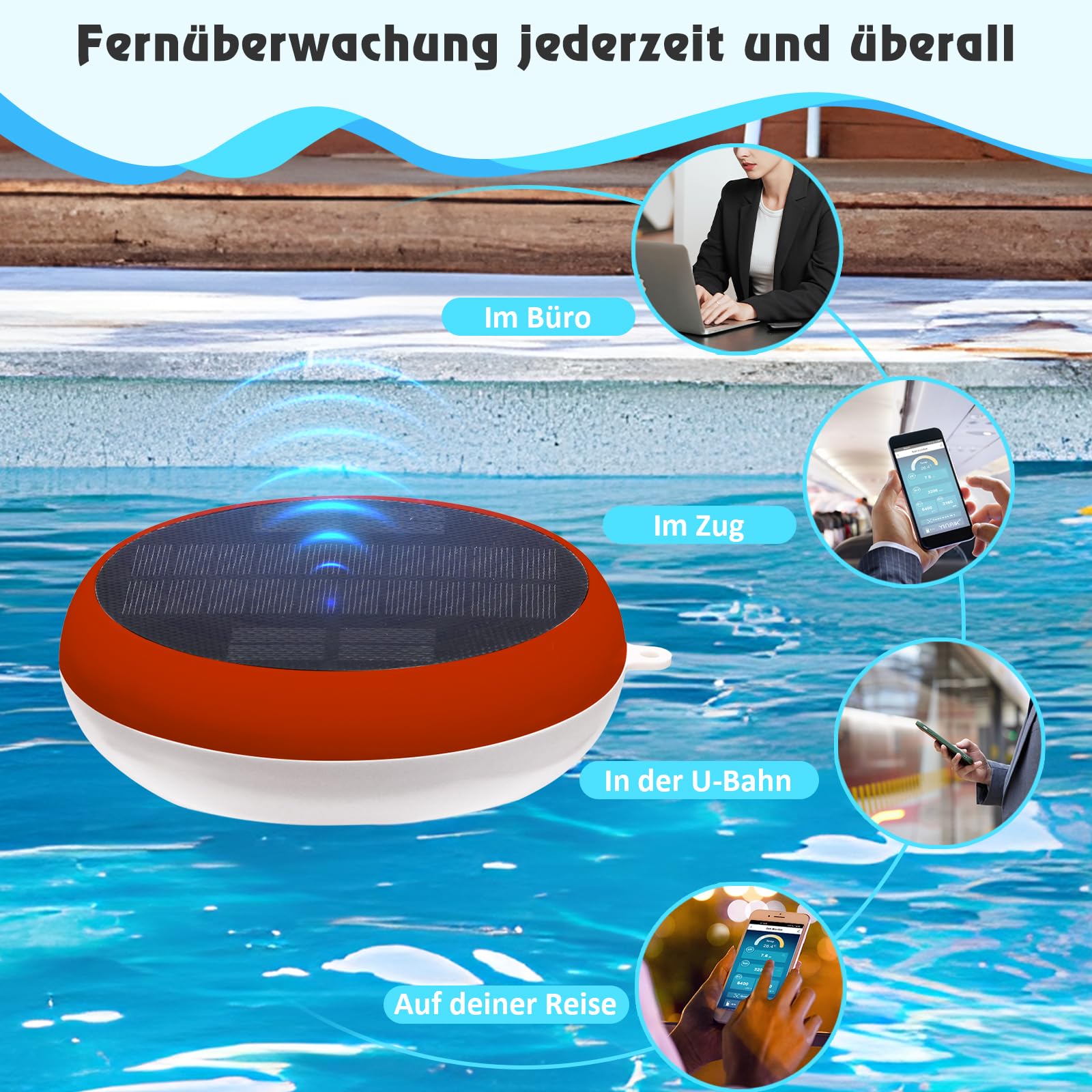 Pool pH Salz Monitor, WLAN pH Messgerät und Salzgehalttester, Intelligenter pH Salz TDS EC Temp Monitor für Schwimmbäder 5 in 1, Schwimmender Solarbetriebener Salzmonitor für Salzwasser Whirlpool Spa