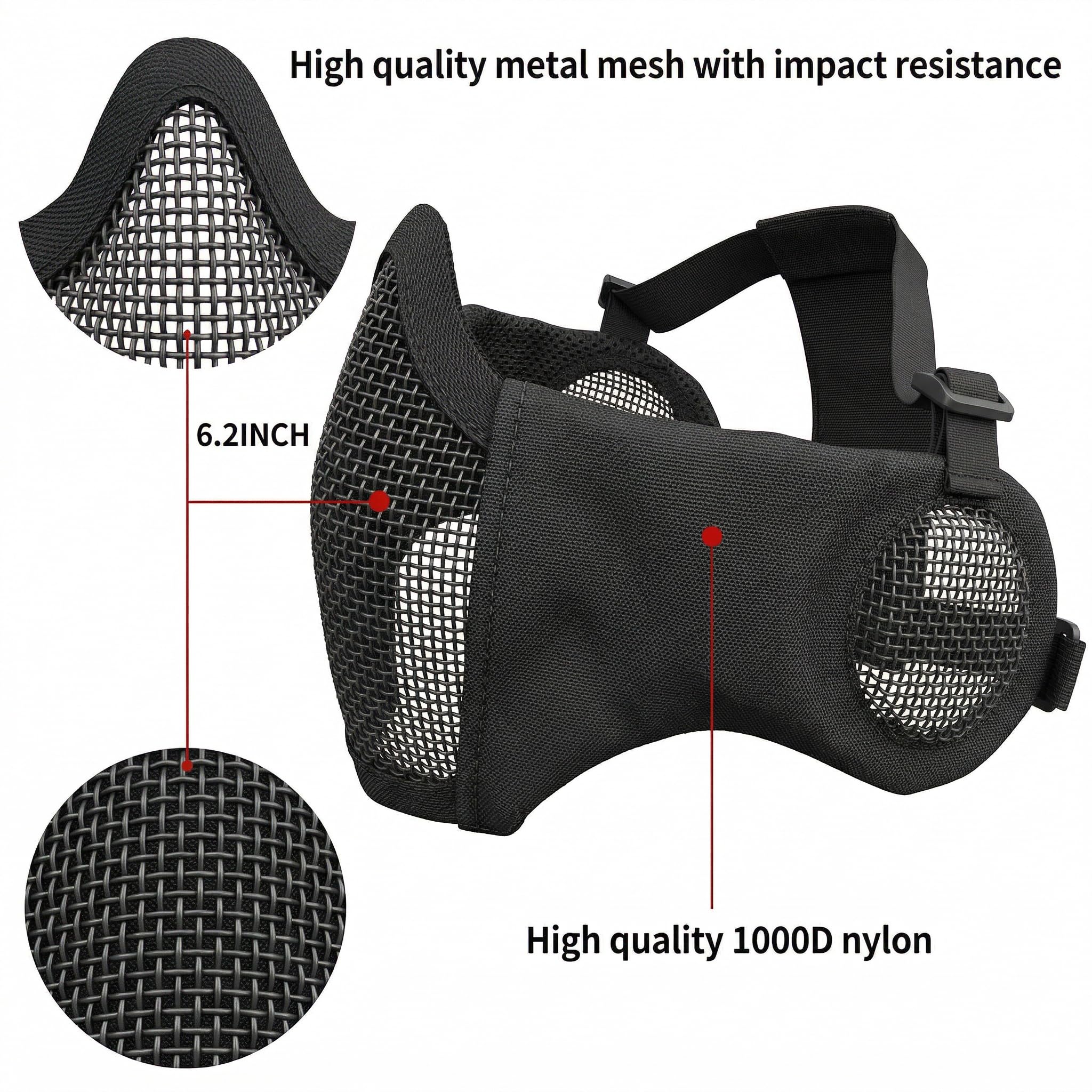 Casco Fast Tattico MH Combinato, con Protezione per le Orecchie Pieghevole Maschera a Rete Mezza Faccia e Occhiali per il Set di Giochi Airsoft Paintball CS