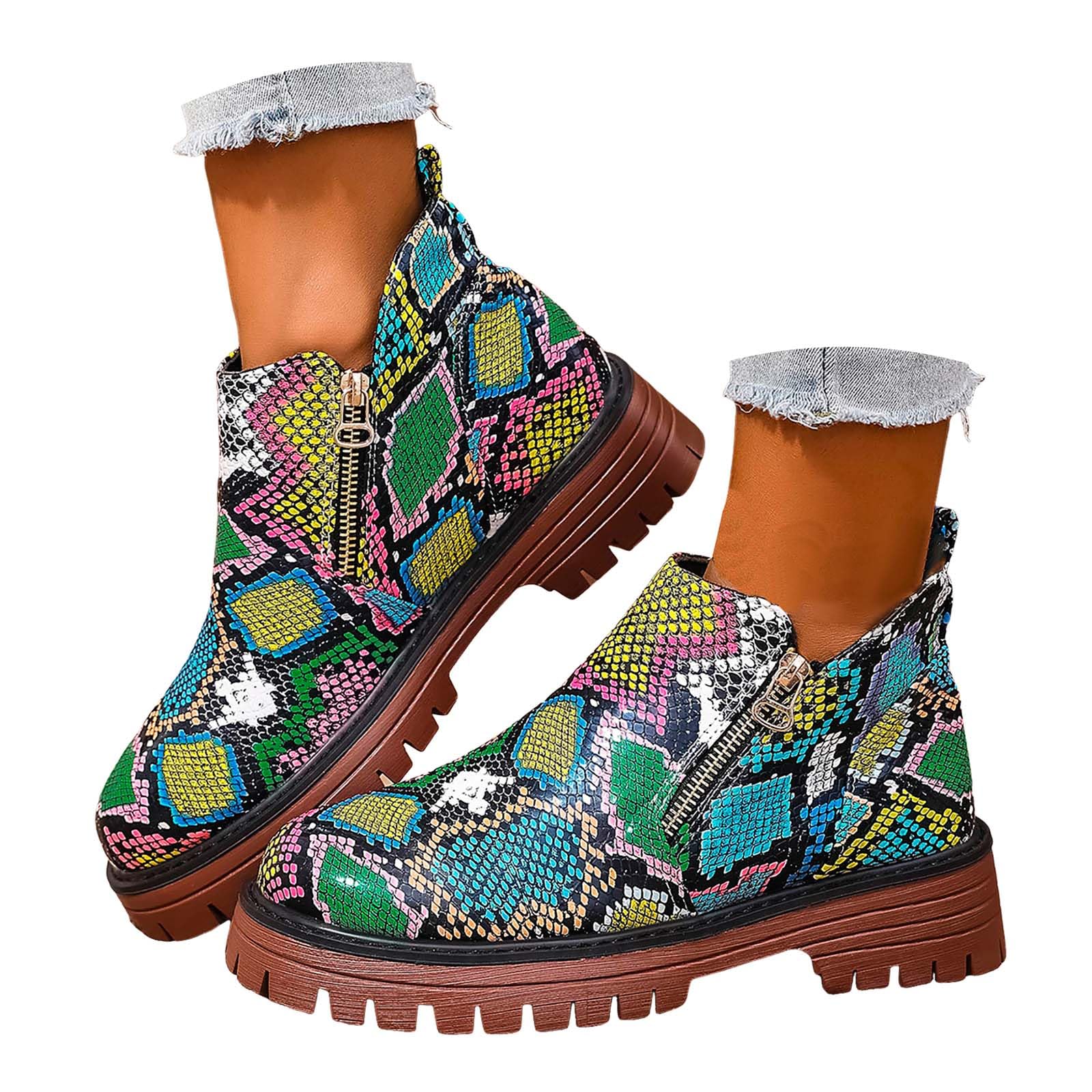 ZSpzx Women Platforms Ankle Boots Leather Leopard Print Snakeskin Chunky Block Heels Lug Sole Round Toe Side Zipper