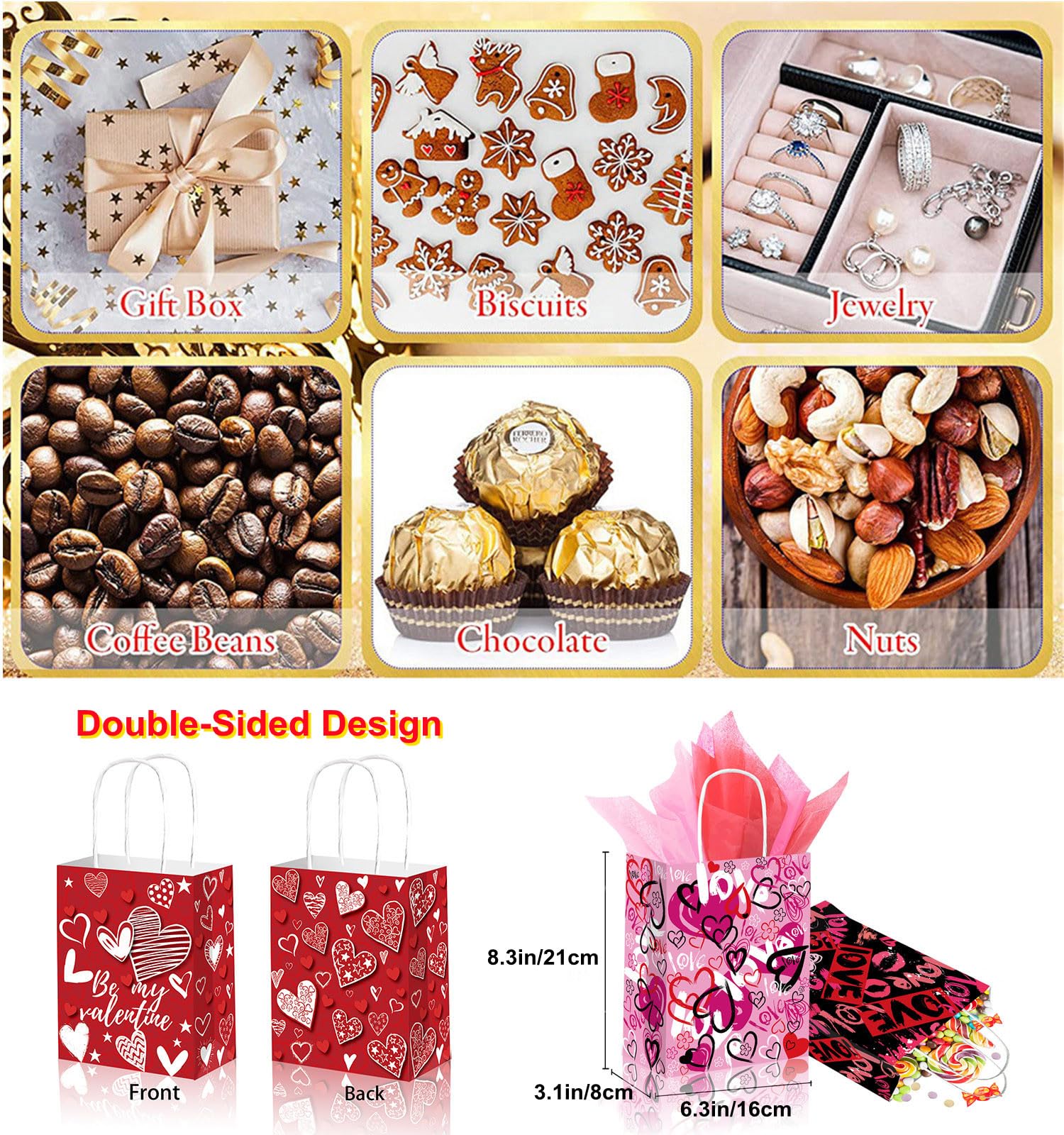 KIPETTO Valentines Gift Bags 12Pcs Valentines Day Paper Bags with Handles Love Heart Shaped Treat Goodies Bag for Valentines Day Party Favors Class Baggies Pouch