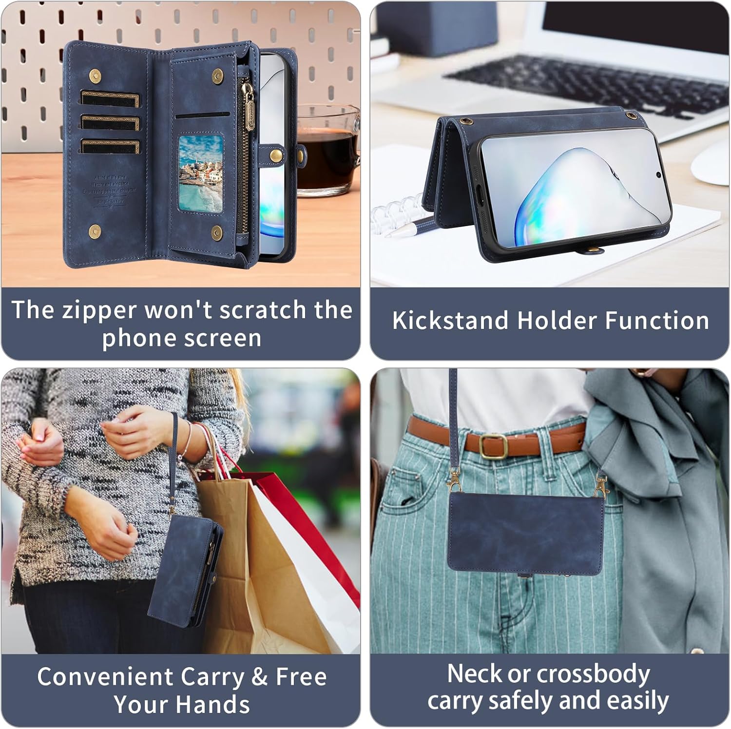 Asuwish Phone Case for Samsung Galaxy Note 10 5G Zipper Wallet Detachable Cell Cover with Tempered Glass Screen Protector Crossbody Strap Flip Card Holder Note10 Notes 10s Ten Not S10 Women Girls Blue