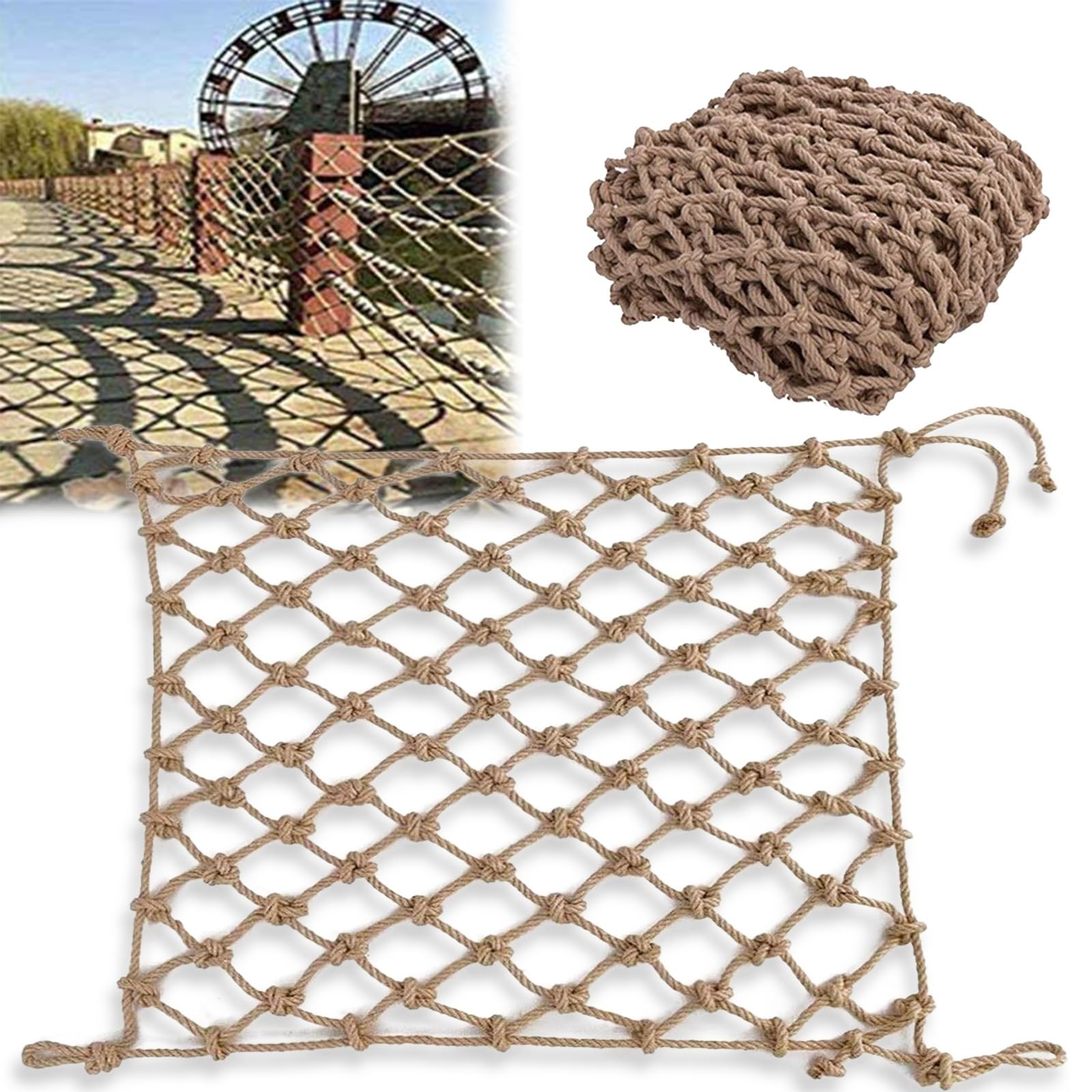 Lwjsocp Brown Retro 16X20ft Woven Safety Net - Outdoor Garden Bar Restaurant Photo Wall Playground Anti-Climbing Rope Netting, 1Cm Diameter Protection Net