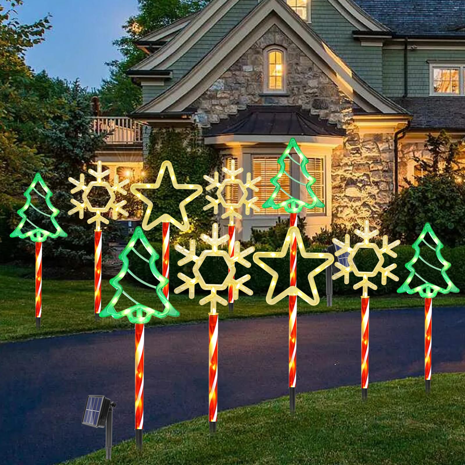 10 luces solares de copo de nieve de Navidad para exteriores, árbol de Navidad, estrella de jardín, luces de estaca con 8 modos, impermeables, luces de caramelo de Navidad (2 juegos)