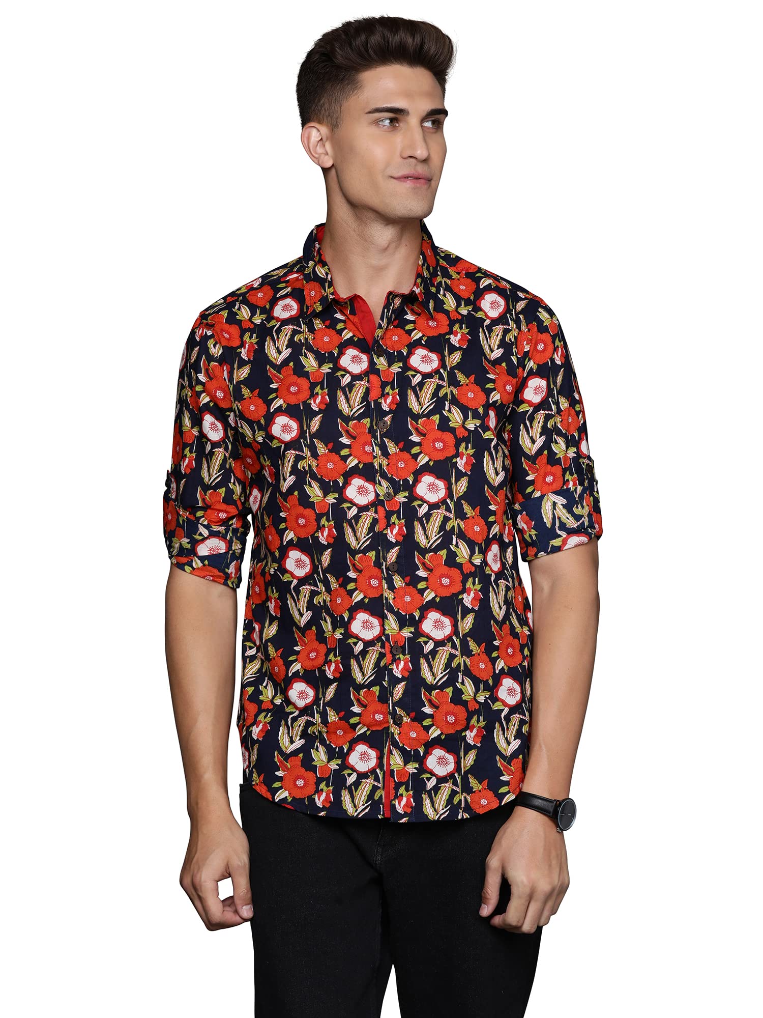Indo Era Slim fit Printed Cotton Casual Shirt for Men (Navy Blue_MSH0NB1058_S) in navy