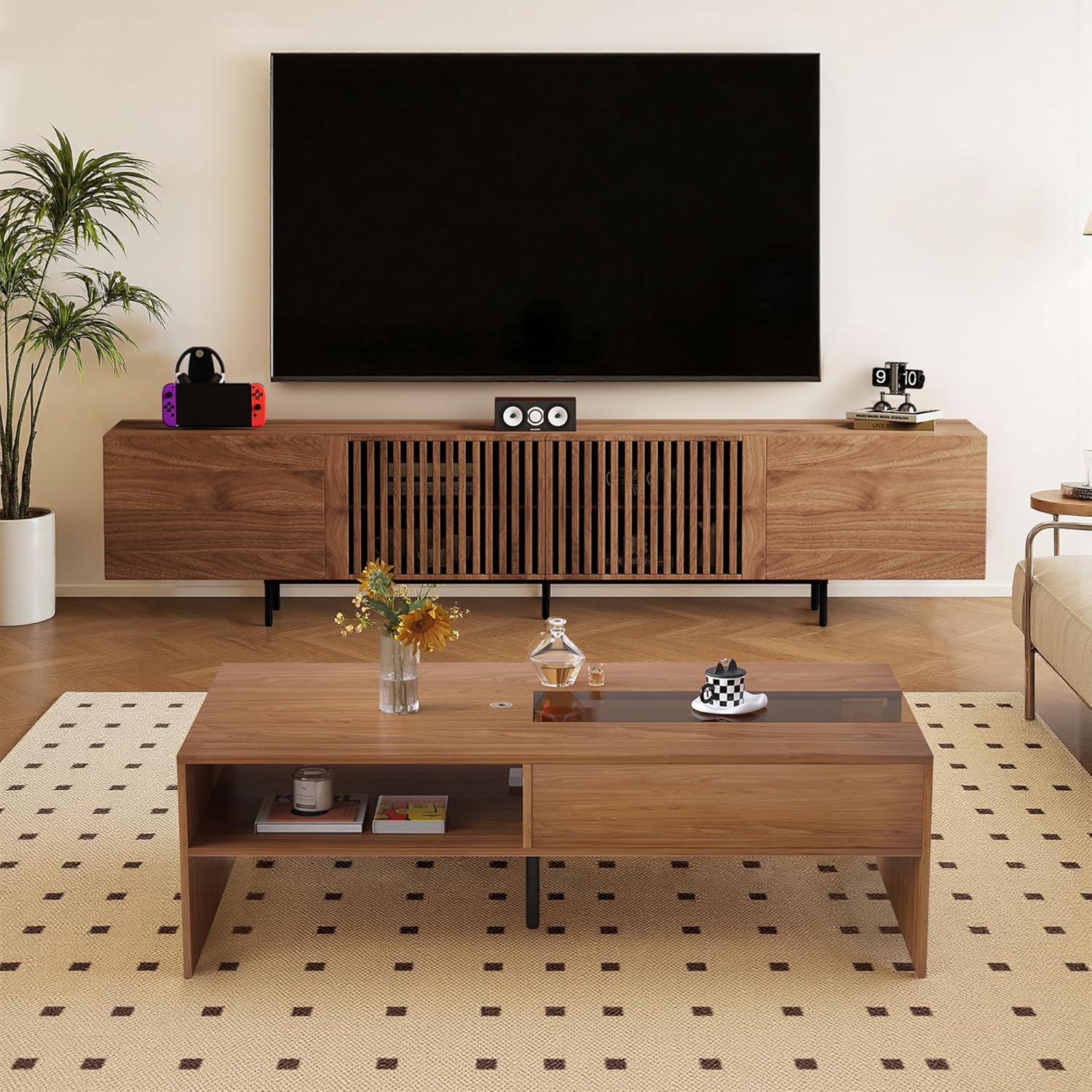 modern wood coffee table with led lights side view showing glass display