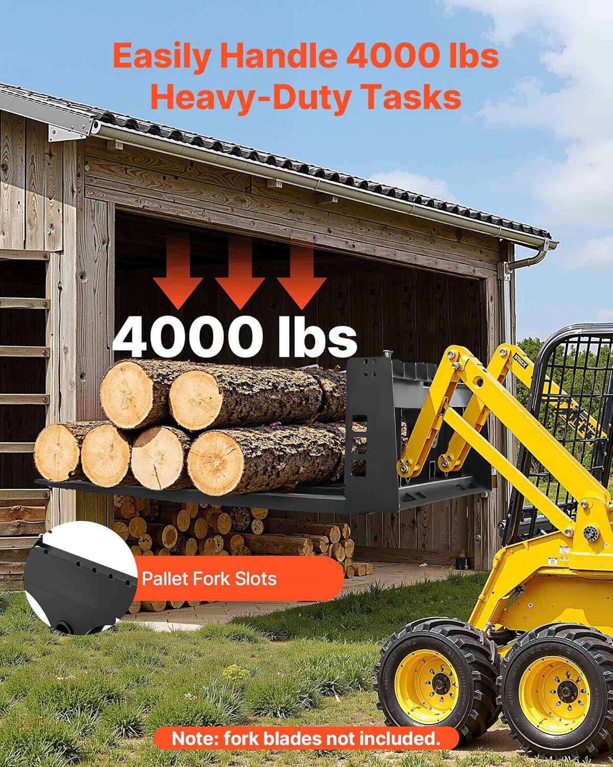 vevor skid steer pallet frame, 4000 lbs rated load capacity, 45-inch pallet fork frame attachments with 2-inch hitch receiver & spear sleeves, fit for loaders tractors quick attach mount, frame only