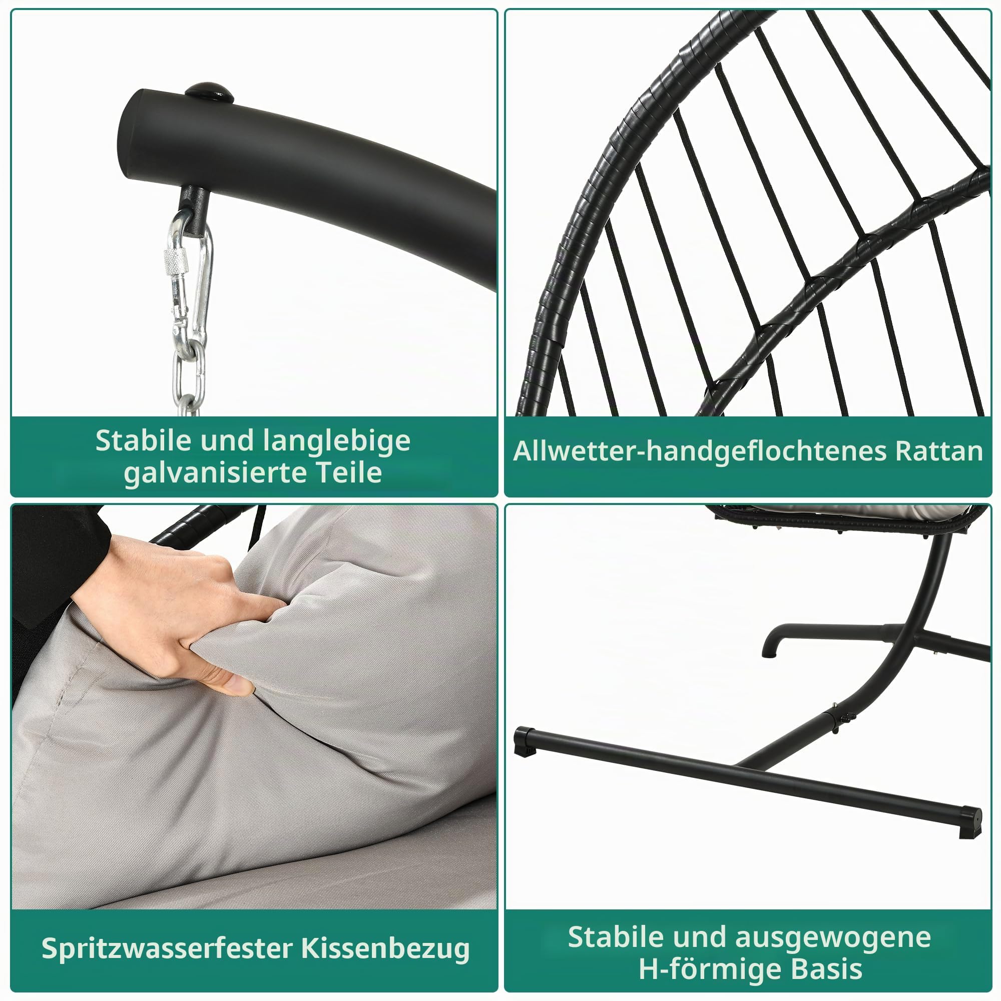 YITAHOME Grau Hängesessel mit Gestell, Rattan-Korb Schaukelstuhl mit strapazierfähiger Polsterung, 160 kg Tragfähigkeit, Garten, Schlafzimmer, Balkon, Outdoor oder Indoor Schaukel Sessel