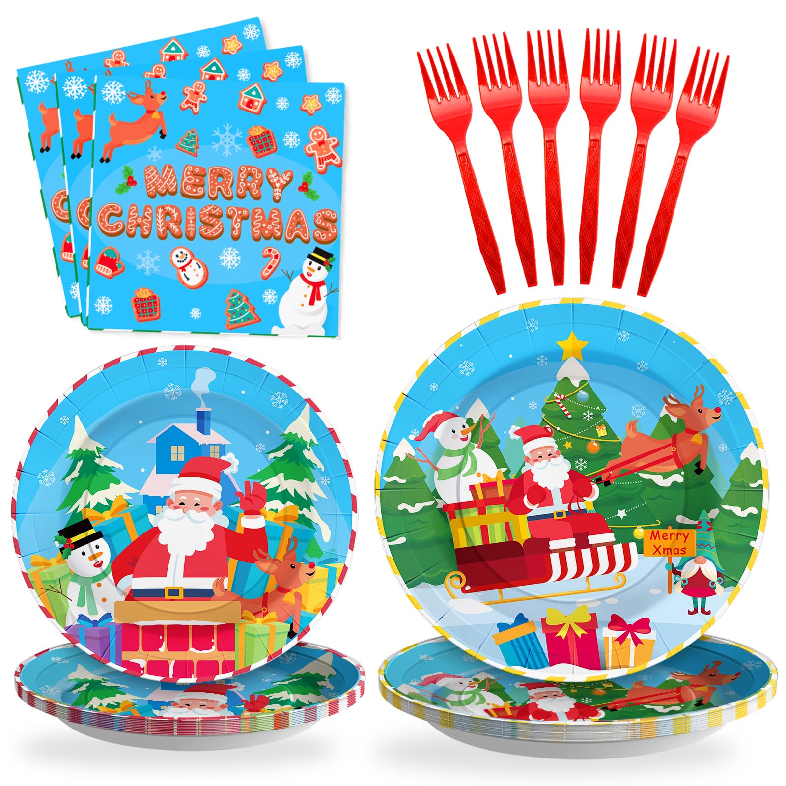 SCIONE 96PCS Christmas Paper Plates and Napkins Party Supplies, Santa Merry Christmas Dinnerware Set Party Decorations for Xmas Holiday Tableware, Serves 24