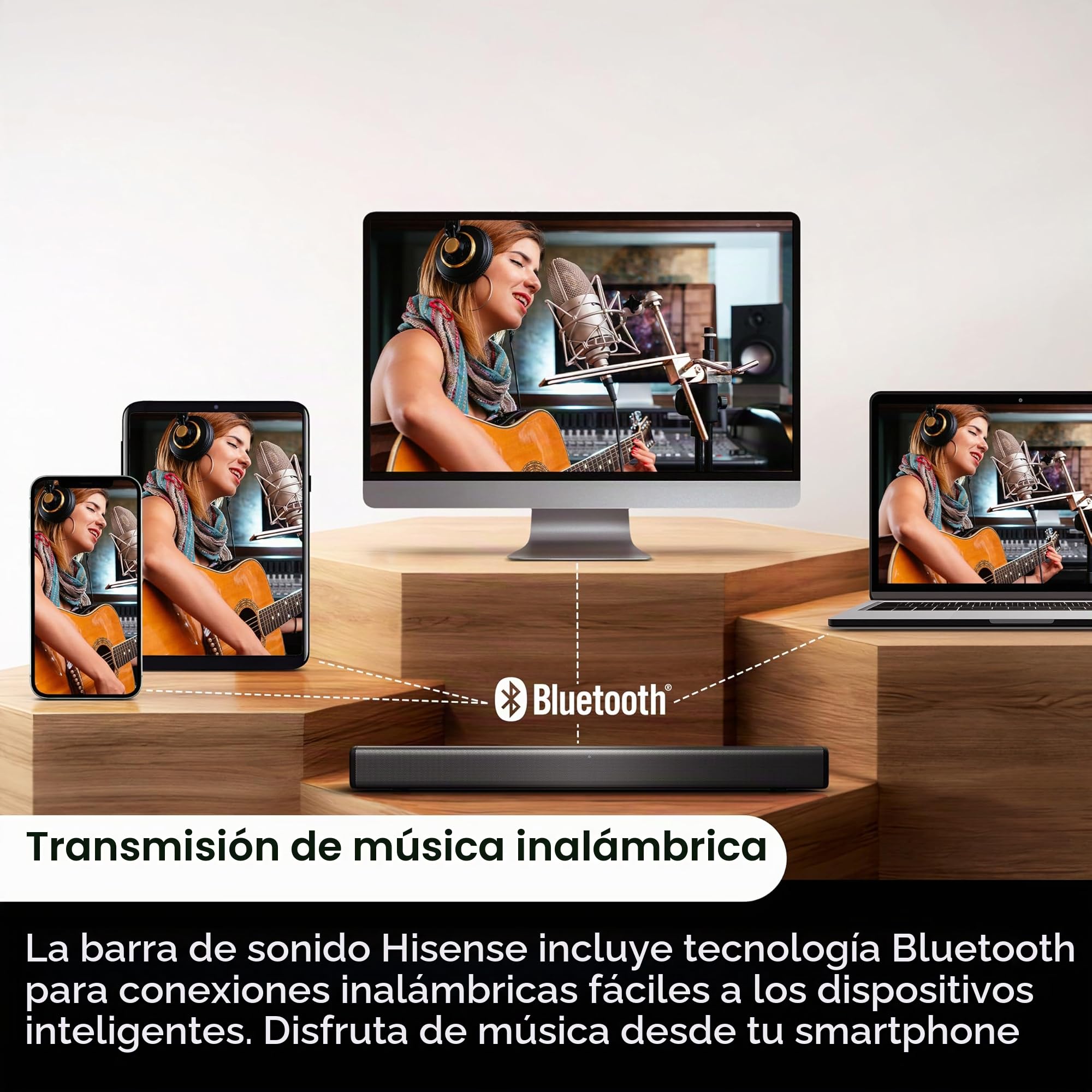 Hisense HS214 Barra de sonido de 2.1 canales, Con Subwoofer integrado, 108 W, Diseño Compacto todo en uno con Bluetooth, DolbyTV, HDMI ARC/Optical/AUX/ Audio, Roku USB, 3 modos EQ, Multicolo