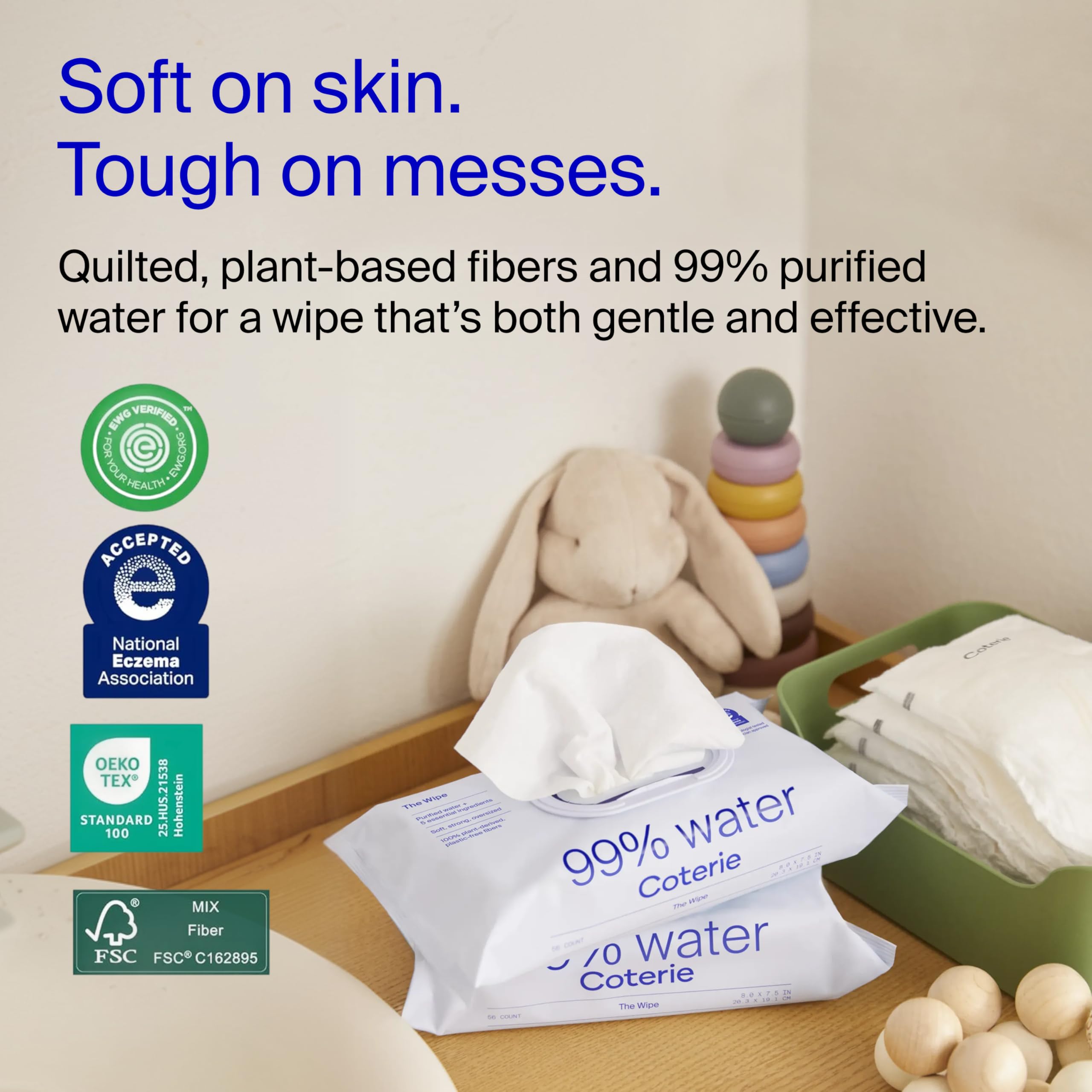 Coterie Toallitas húmedas para bebés para pieles sensibles, a base de plantas y fibras sin plástico, 99% de agua, hipoalergénicas, pH equilibrado, sin perfume, esenciales para bebés limpios y suaves