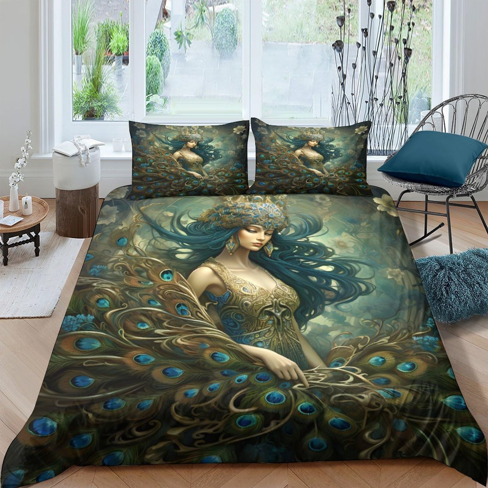Ctjqhvkz Style-3 3D Printed Peacock Goddess Fitted Sheet Microfiber Soft Artistic Bed Cover For Bedroom Guest Room Decor Protection Single（135X200cm）
