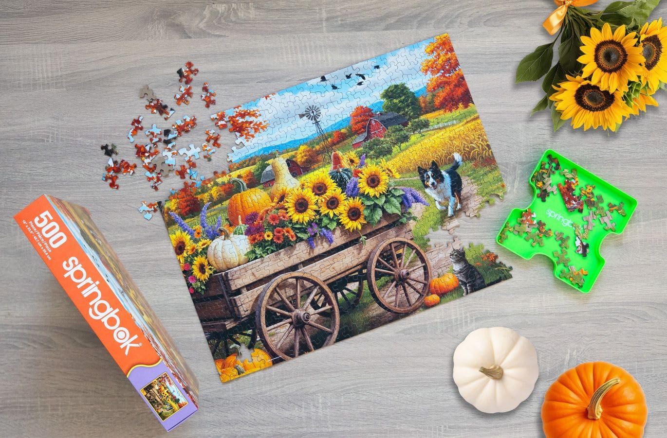Springbok Fall Wagon Wonders 500 Piece Jigsaw Puzzle for Adults - Pumpkins and Flowers for Autumn - Unique Cut Pieces - Made in USA