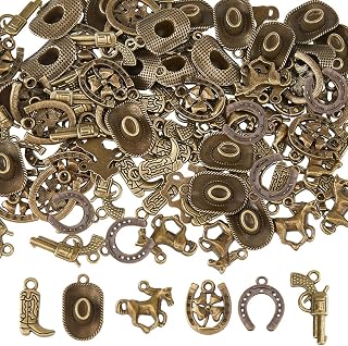 120Pcs Western Cowboy Charms 6 Styles Tibetan Charm Antique Bronze Cowboy Boot Horseshoe Horse Hat Pendants for Jewelry Making Necklace Earring Bracelet DIY Craft