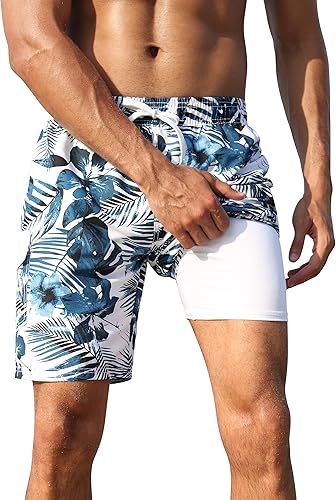 Nonwe Traje de baño para hombre con forro de compresión, secado rápido, para deportes acuáticos, surf, playa, pantalones cortos con bolsillo