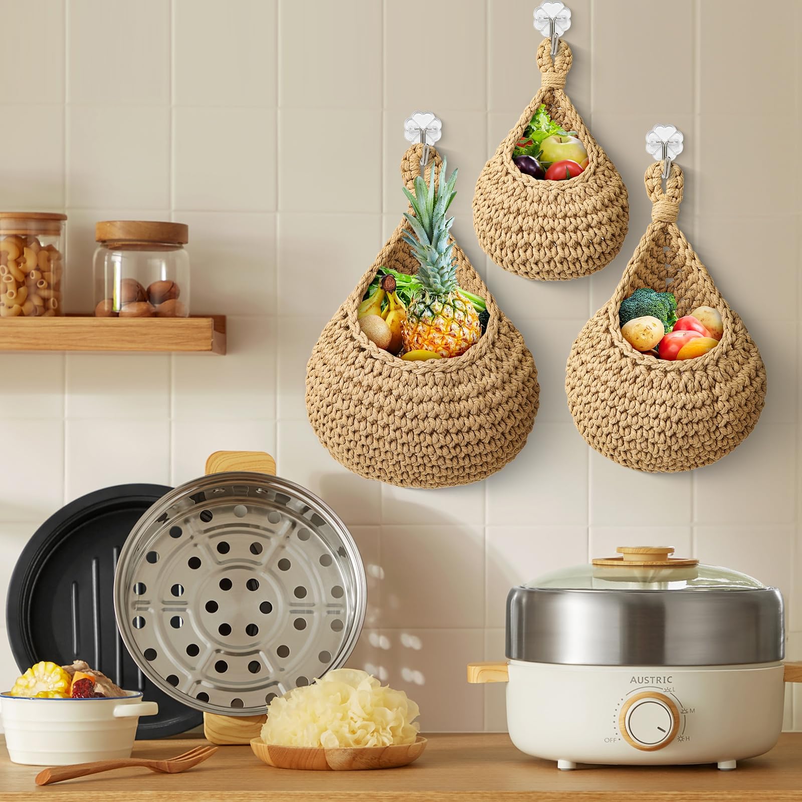 Gyrategirl Hanging Basket, 3PCS Wall Hanging Fruit Basket for Kitchen Organizing Handwoven Decorative Vegetable Fruit Holder Small Wall Baskets for Garlic Potato Onion Storage Farmhouse Boho Decor