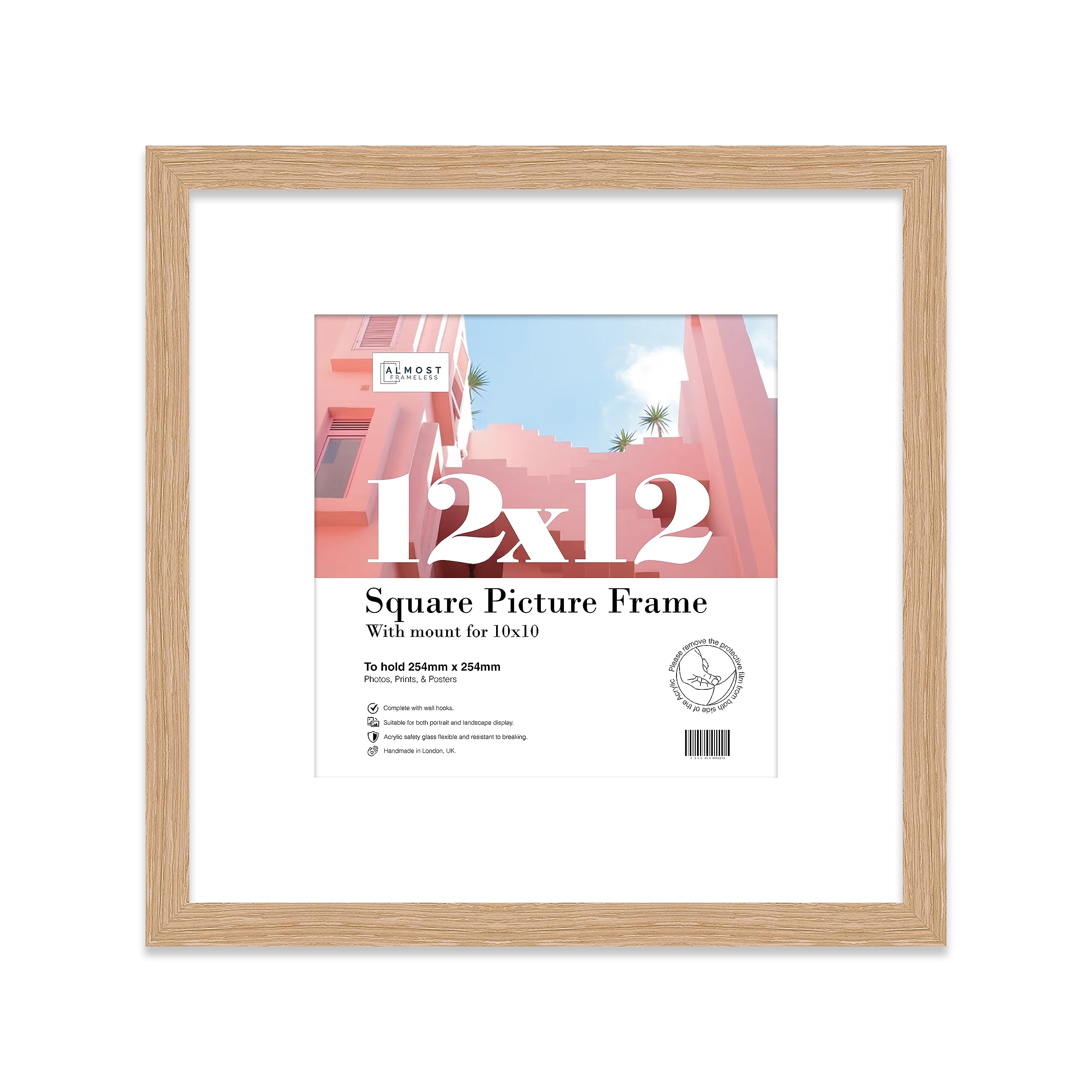 12x12 Oak Picture Frame with Mount for 10x10 Photos, Prints - Modern Square Wall Frame, 1 Pack