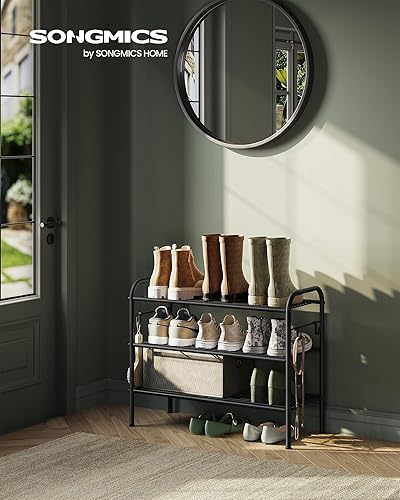Miniatura 2 de SONGMICS Zapatero de 3 niveles, organizador de zapatos de metal con 4 ganchos laterales, capacidad para 12 pares de zapatos, zapatero de altura