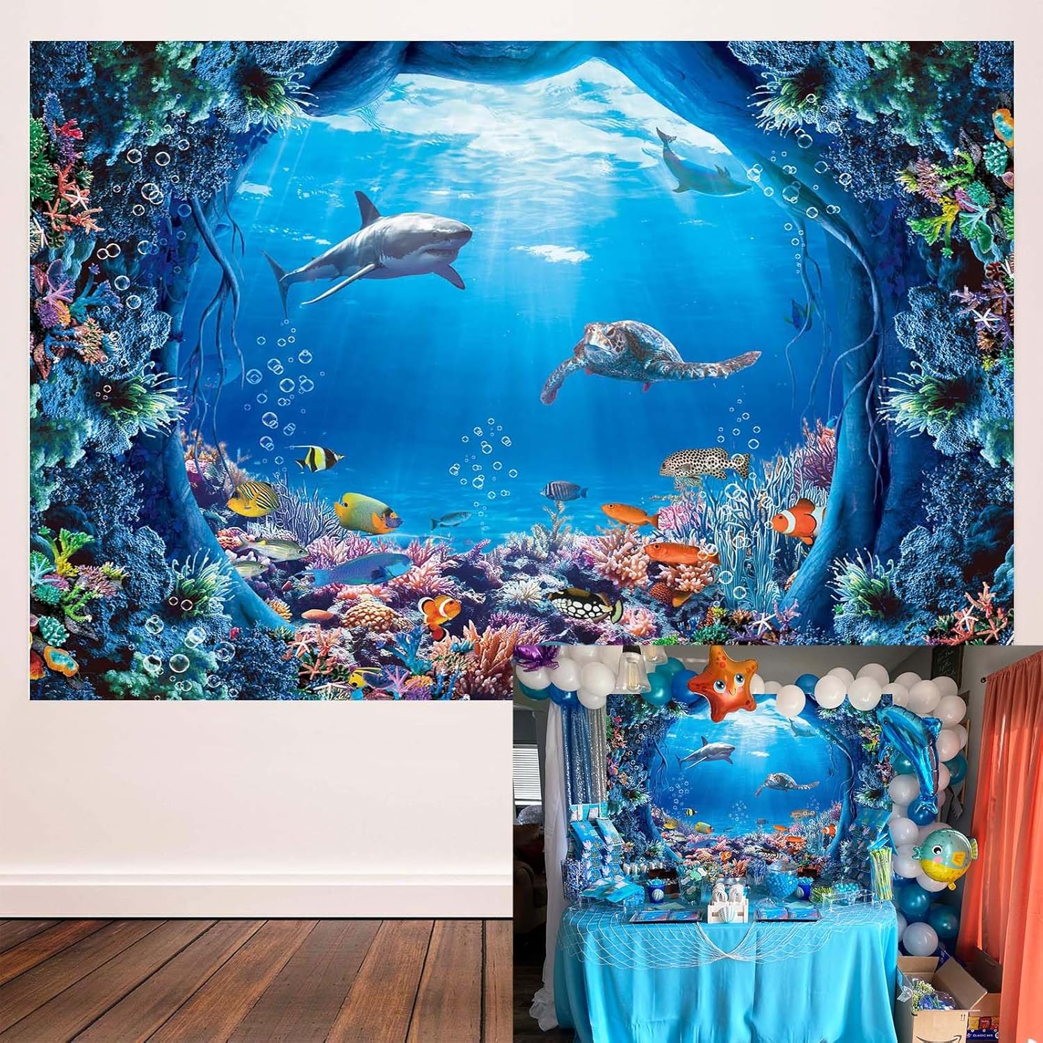 Shark Birthday Backdrop Under The Sea Shark Themed Happy Birthday Backdrop for Boys Party Decorations Cake Table Banner Photography Background Party Supplies 7x5FT blue 7x5FT