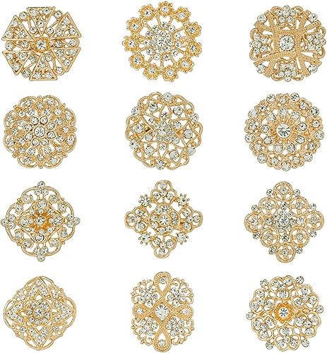 Miniatura 7 de Lote de 12 piezas de broche de flores de diamantes de imitación de cristal surtido para mujeres, kit de ramo de boda nupcial DIY Plata - 12